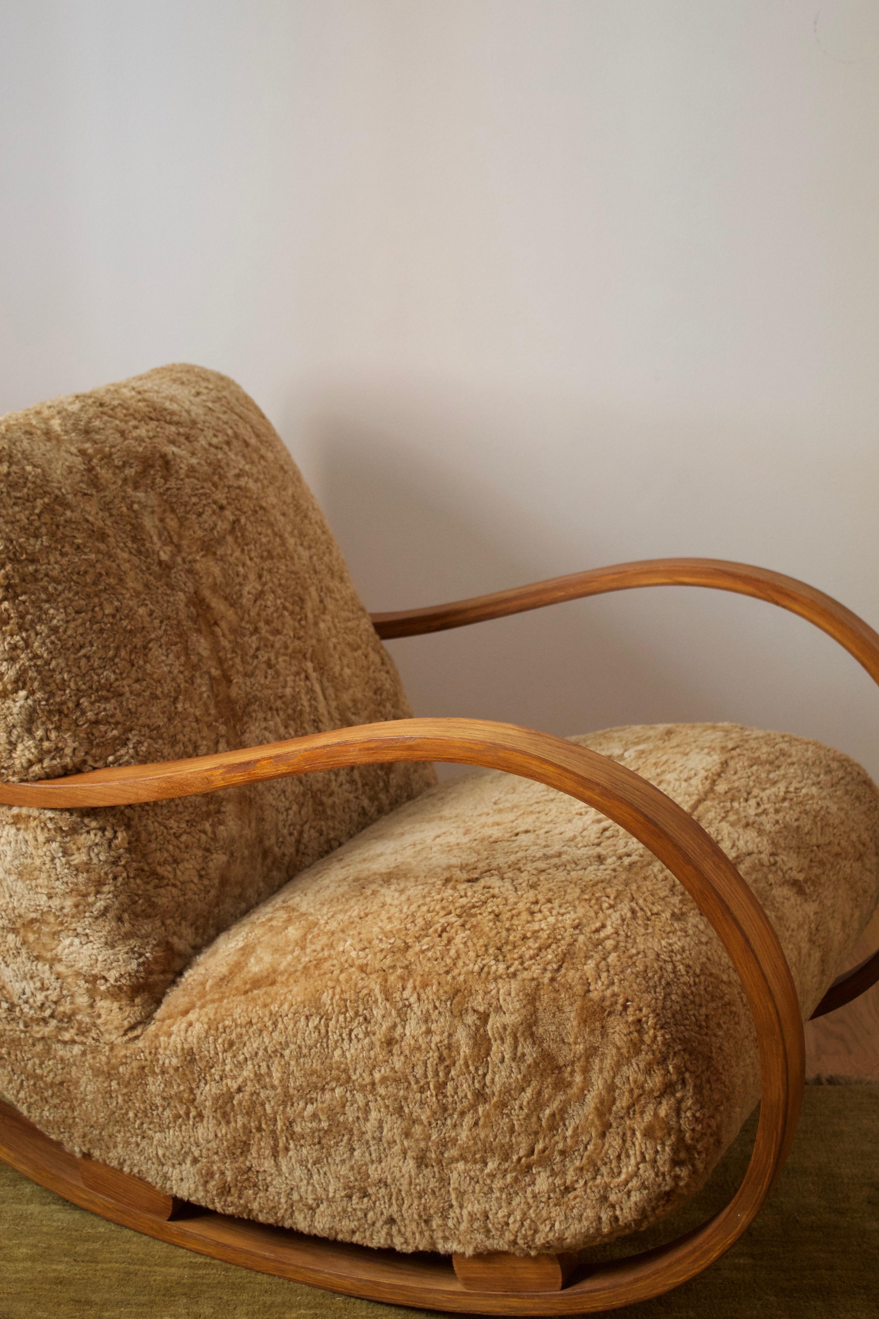 Swedish Designer, Organic Rocking Chair Stained Bentwood Sheepskin, Sweden 1940s In Good Condition In High Point, NC