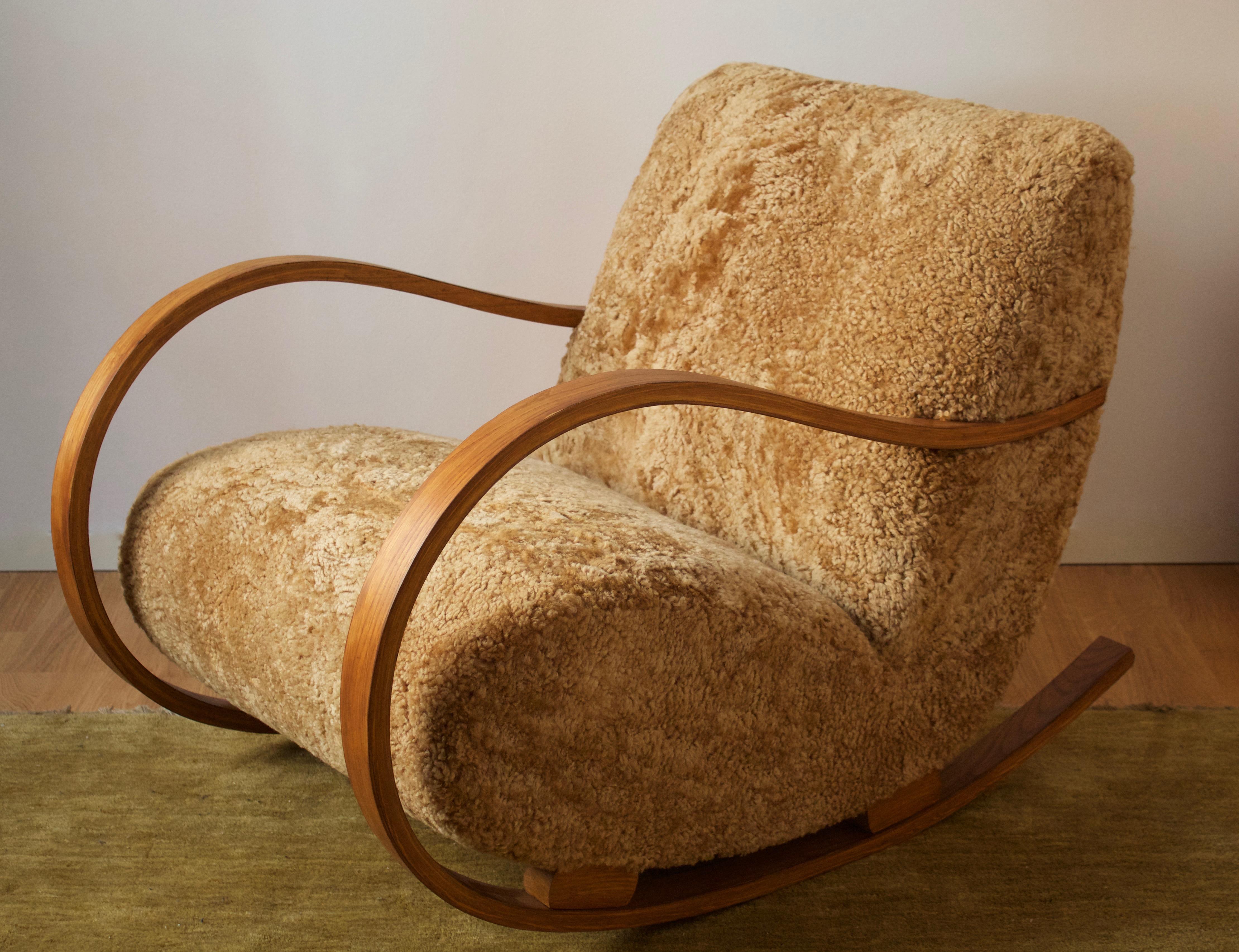 Swedish Designer, Organic Rocking Chair Stained Bentwood Sheepskin, Sweden 1940s 1