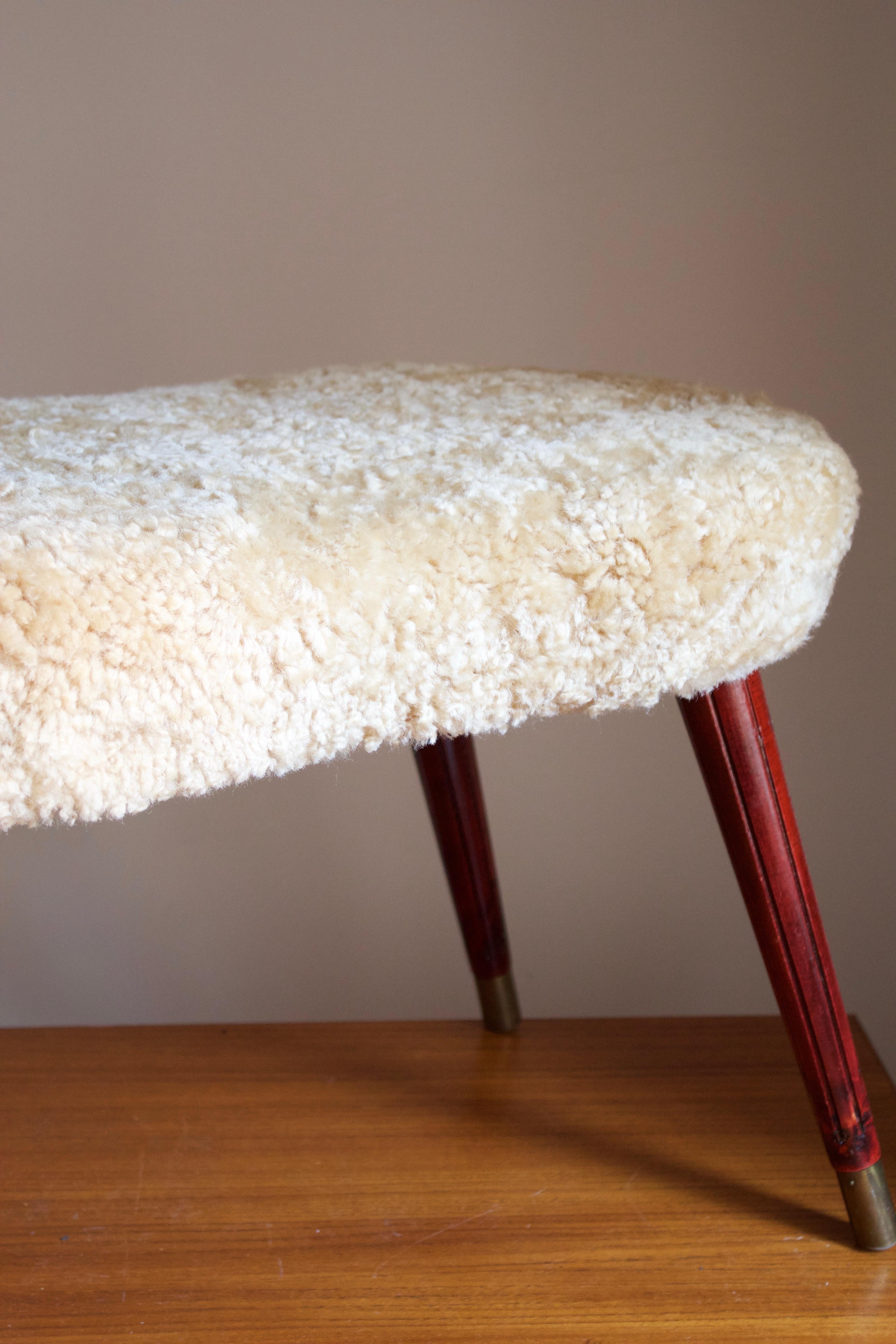 Swedish Designer, Organic Stool, Stained Wood, Sheepskin, Brass Sweden, 1950s In Good Condition In High Point, NC