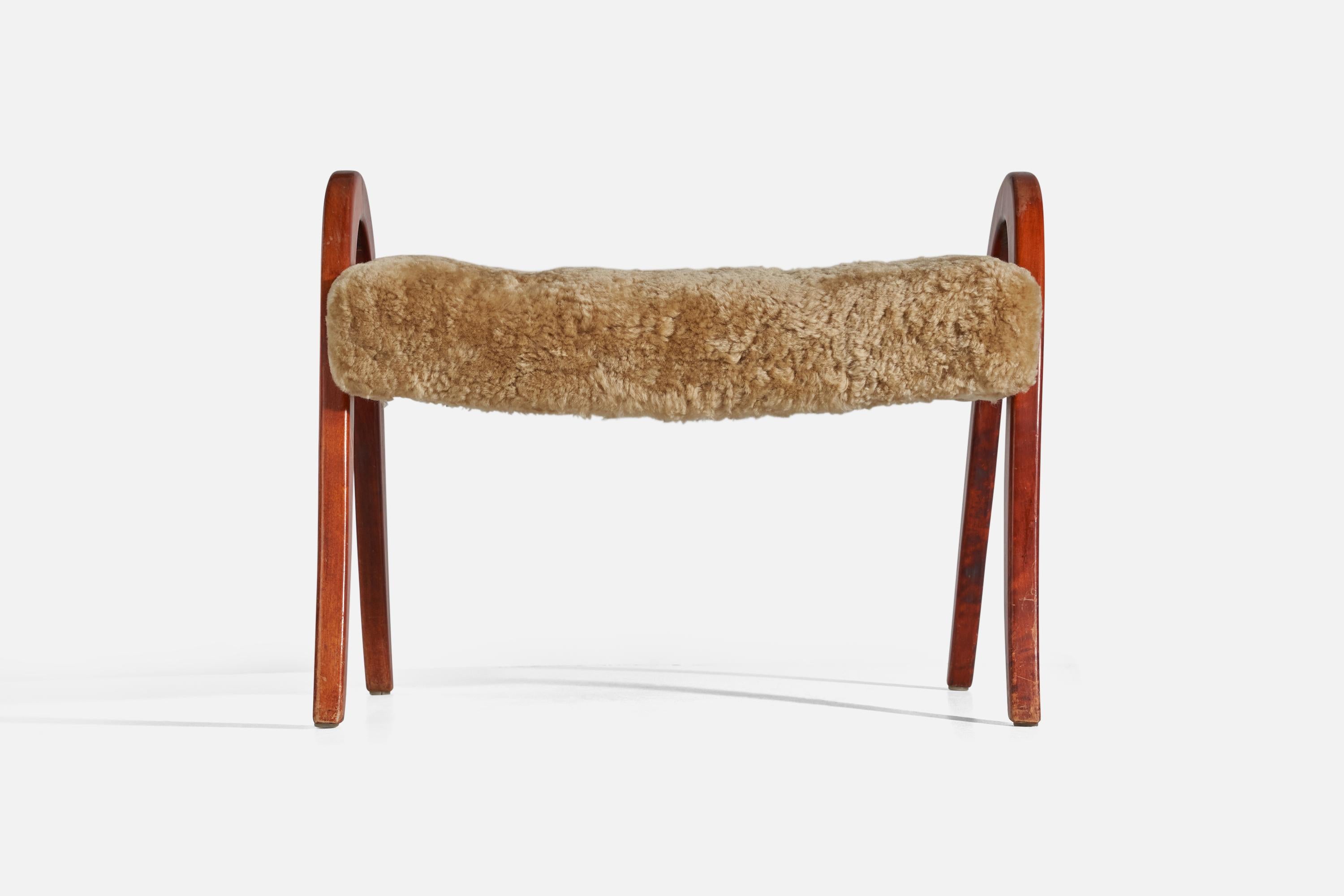 Swedish Designer, Stool, Stained Wood, Sheepskin, Sweden, 1940s In Good Condition For Sale In High Point, NC