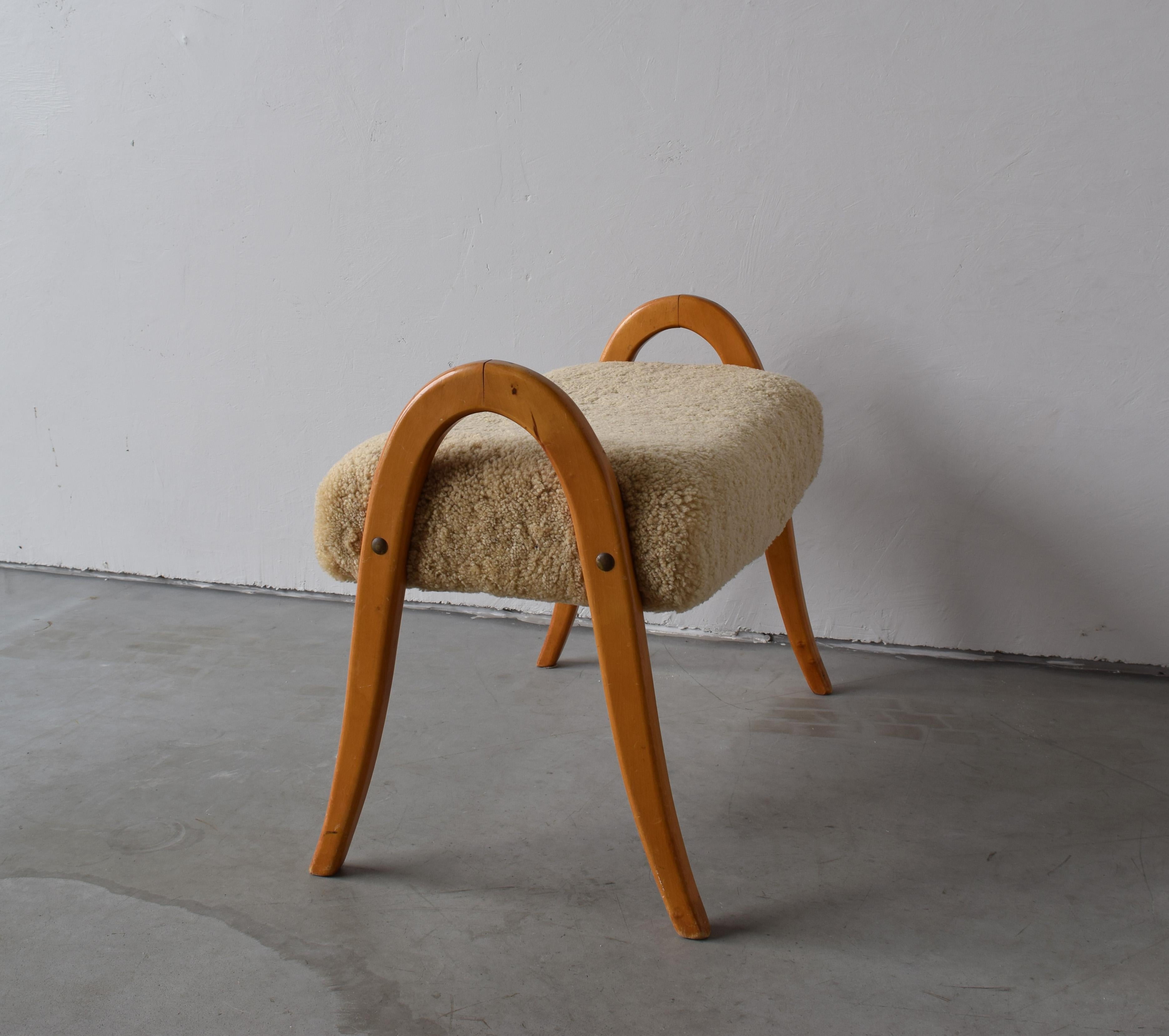 Swedish Designer, Organic Stool, Stained Wood, Sheepskin, Sweden, 1940s In Good Condition In High Point, NC