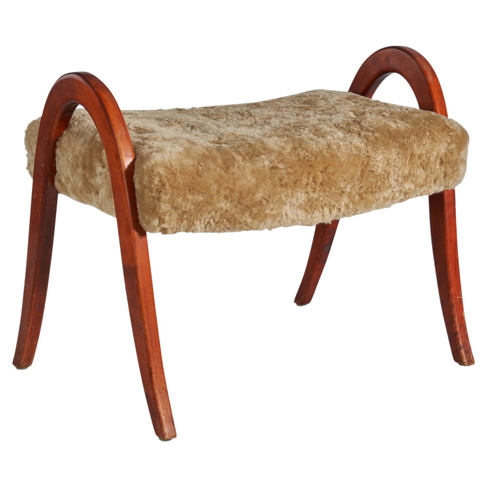 Swedish Designer, Stool, Stained Wood, Sheepskin, Sweden, 1940s For Sale