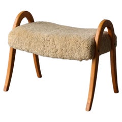 Swedish Designer, Organic Stool, Stained Wood, Sheepskin, Sweden, 1940s