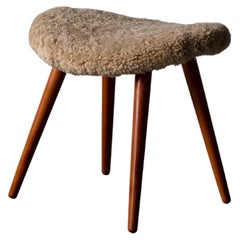 Swedish Designer, Organic Stool, Wood, Sheepskin, Sweden, 1950s