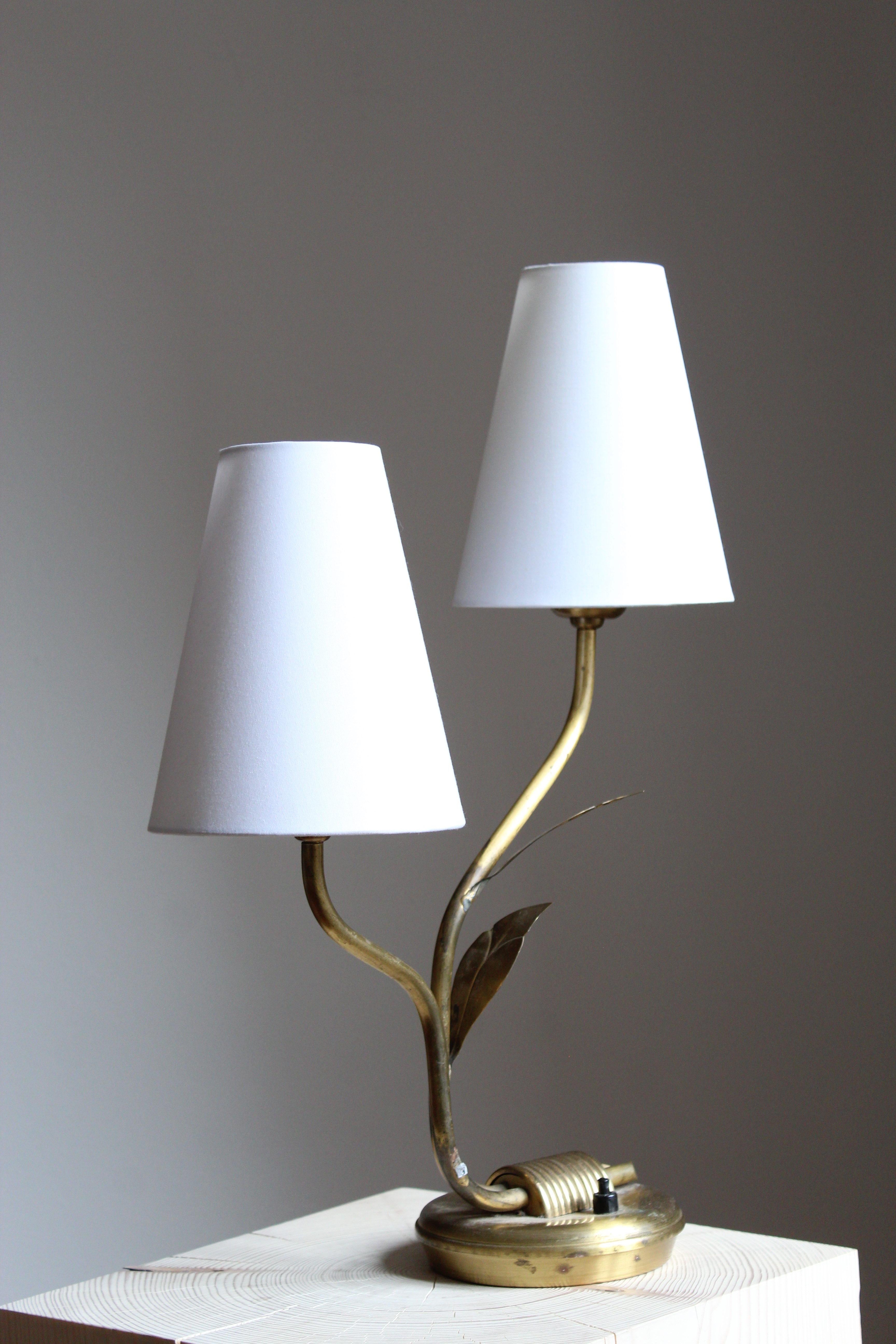 Scandinavian Modern Swedish Designer, Organic Table Lamp, Brass, Fabric, Sweden, 1940s