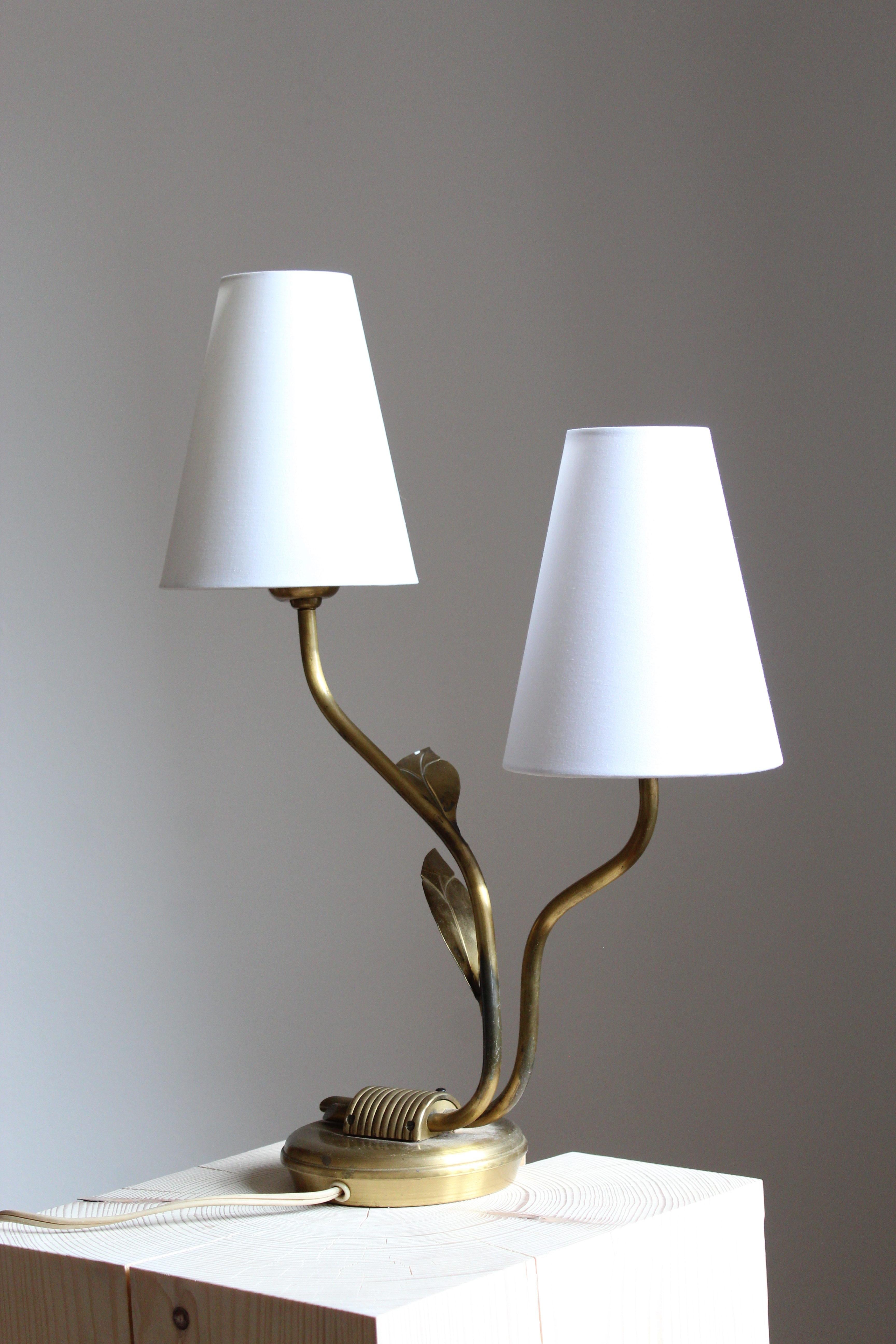 Swedish Designer, Organic Table Lamp, Brass, Fabric, Sweden, 1940s In Good Condition In High Point, NC