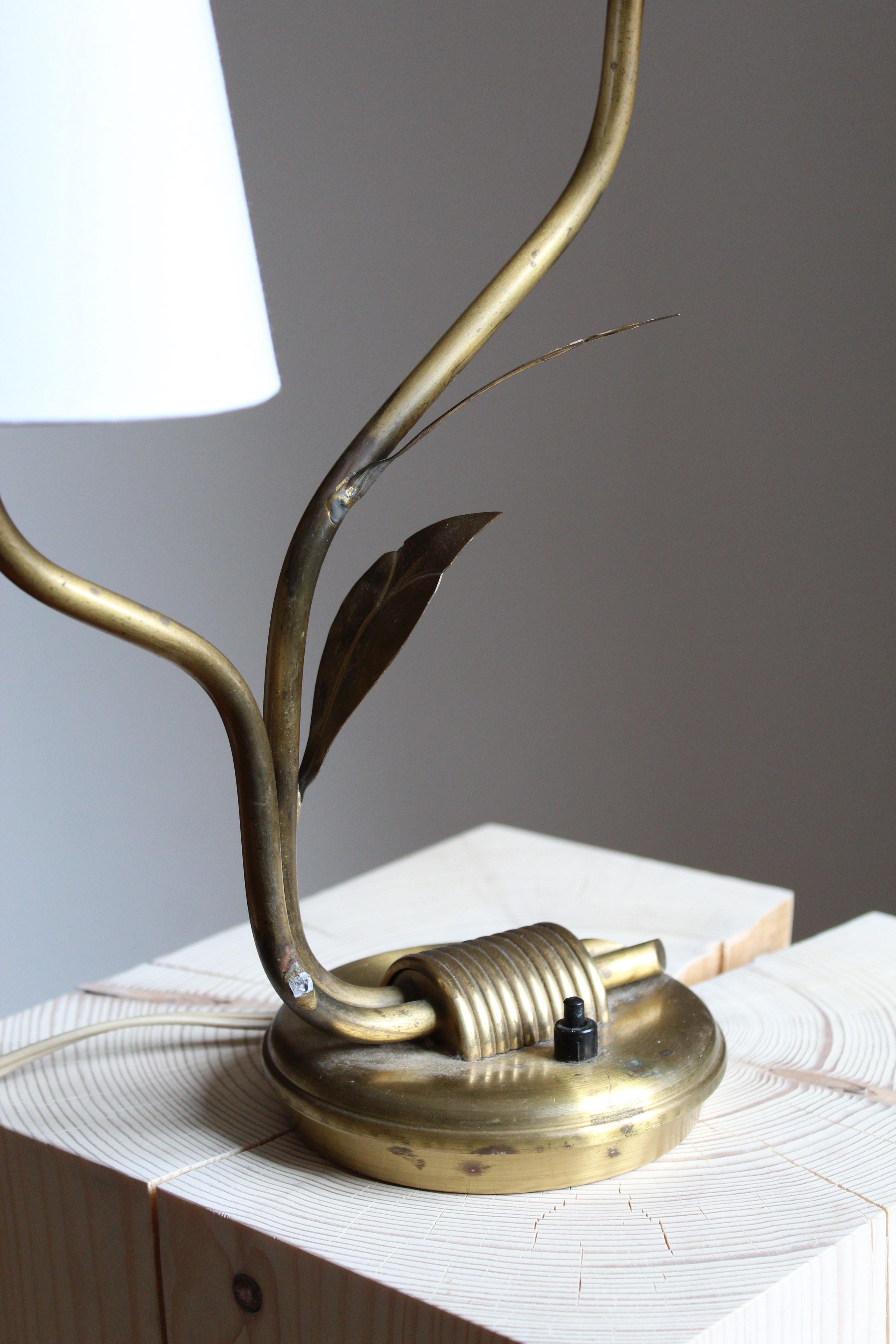 Swedish Designer, Organic Table Lamp, Brass, Fabric, Sweden, 1940s 1
