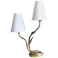 Swedish Designer, Organic Table Lamp, Brass, Fabric, Sweden, 1940s