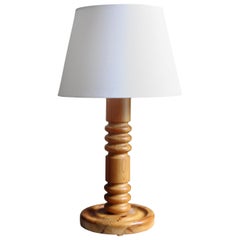 Swedish Designer, Organic Table Lamp, Turned Solid Pine, Sweden, Fabric, 1970s