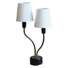 Swedish Designer, Organic Two-Armed Table Lamp, Brass Painted Wood, Sweden 1950s