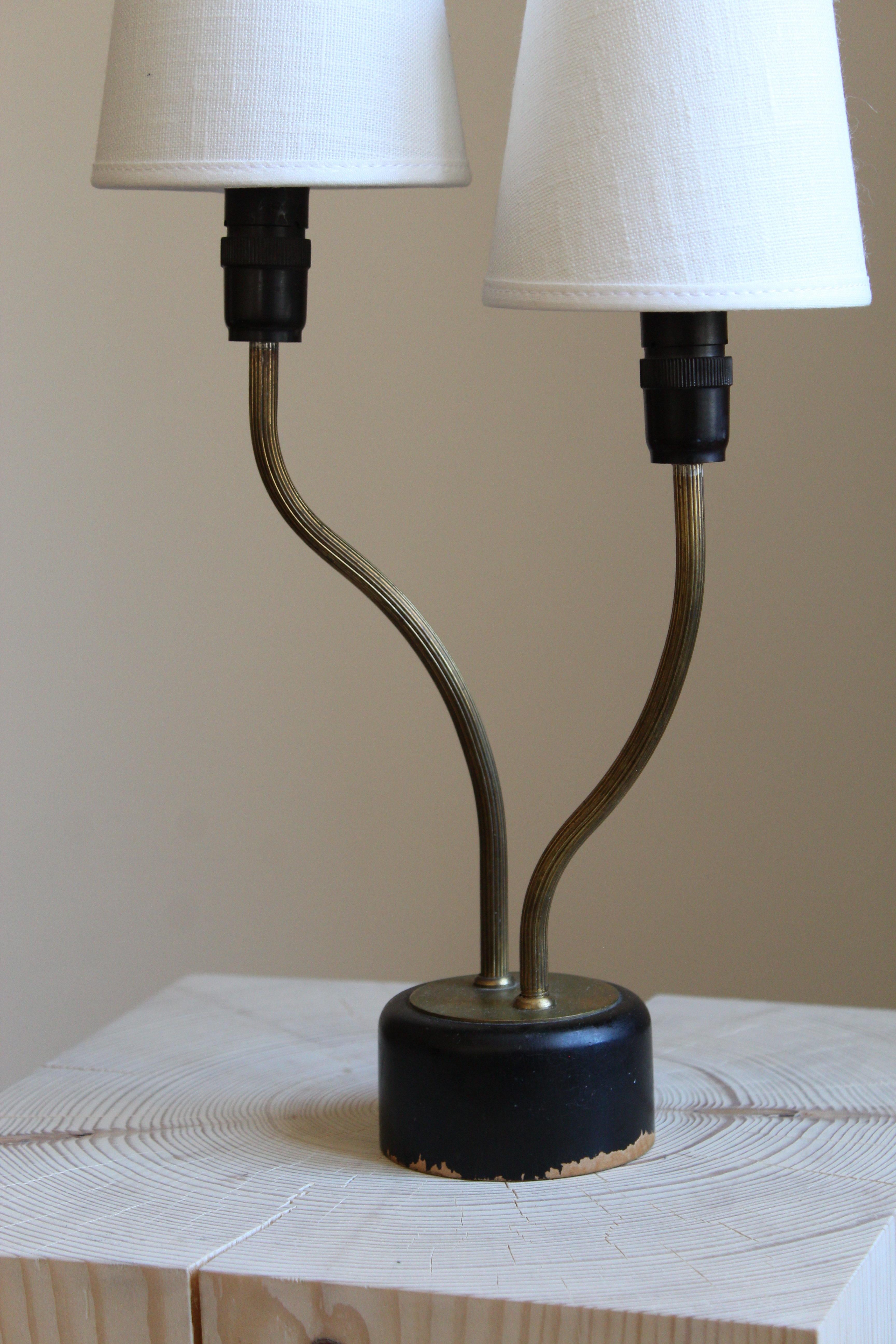 Mid-Century Modern Swedish Designer, Organic Two-Armed Table Lamp, Brass Painted Wood, Sweden 1950s