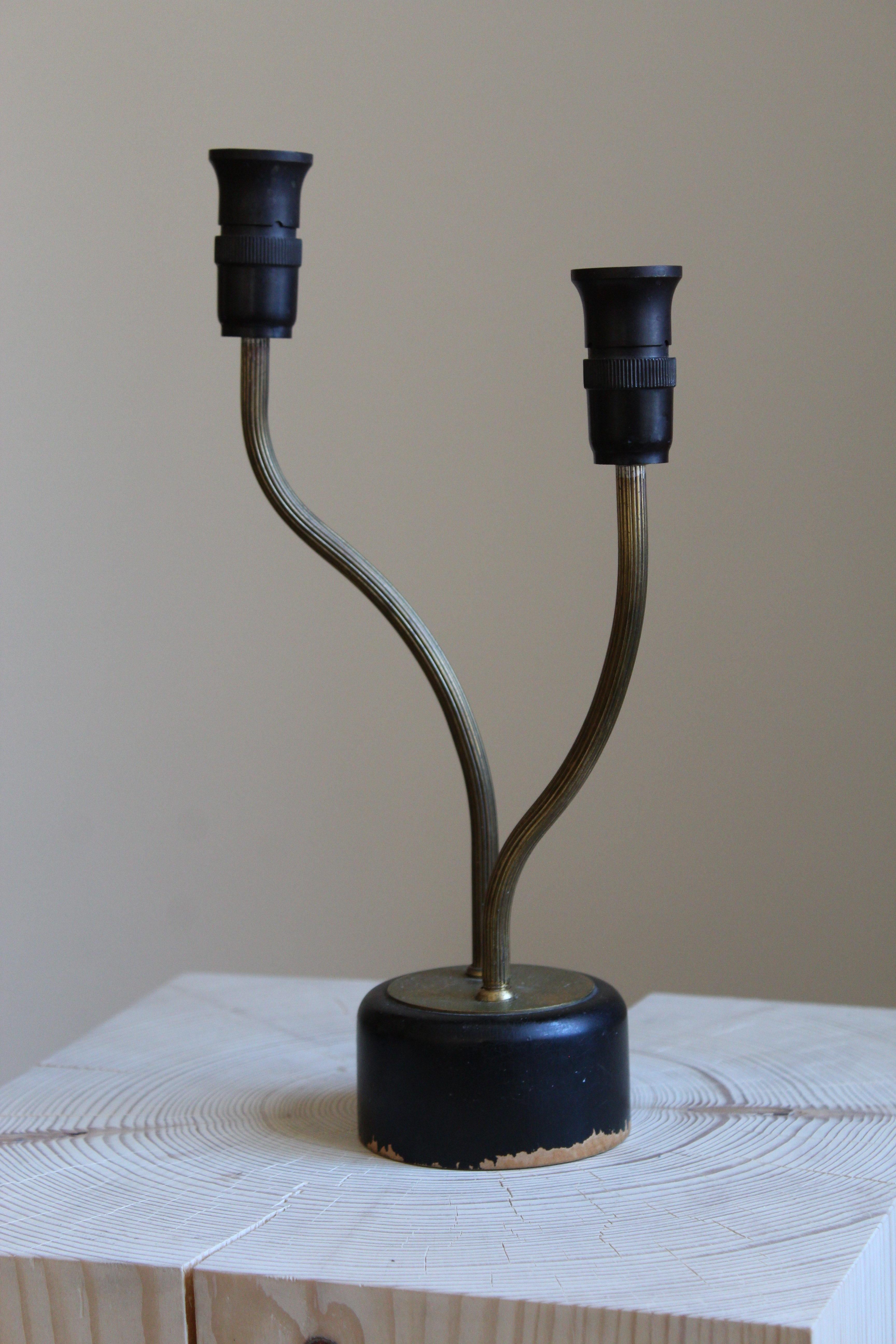 Swedish Designer, Organic Two-Armed Table Lamp, Brass Painted Wood, Sweden 1950s In Fair Condition In High Point, NC