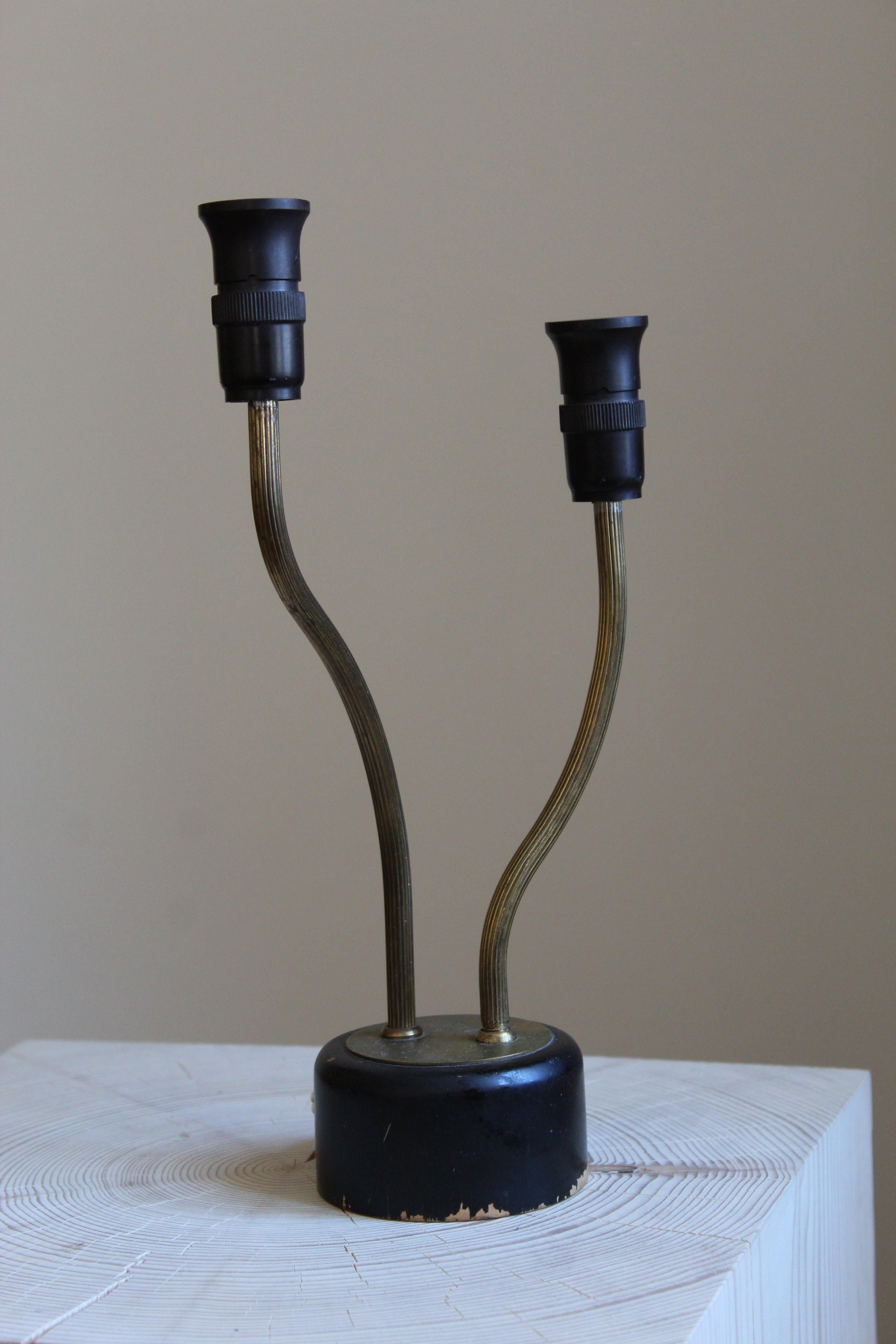 Mid-20th Century Swedish Designer, Organic Two-Armed Table Lamp, Brass Painted Wood, Sweden 1950s