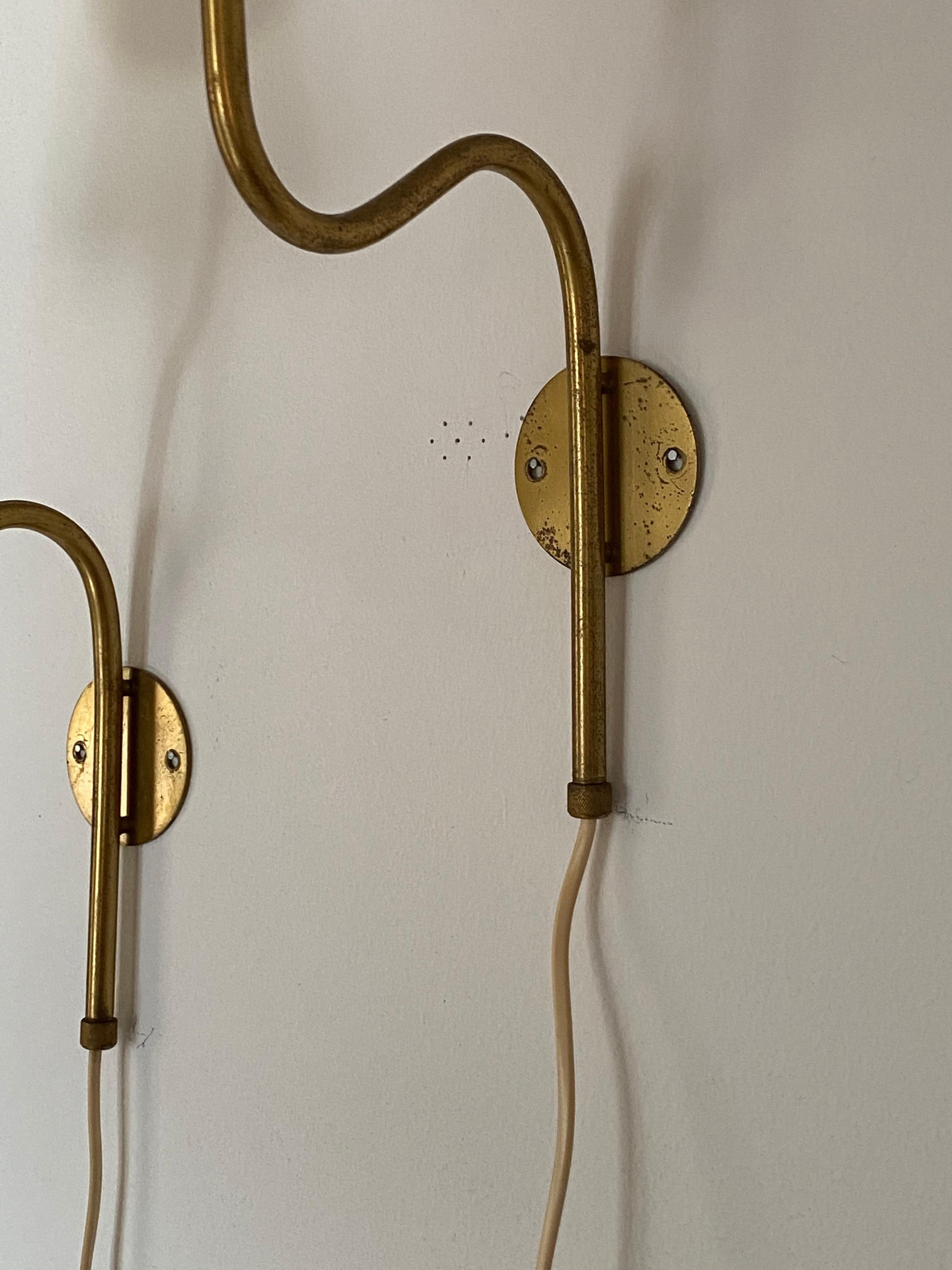 Mid-Century Modern Swedish Designer, Organic Wall Lamps, Brass, Fabric, Sweden, 1940s