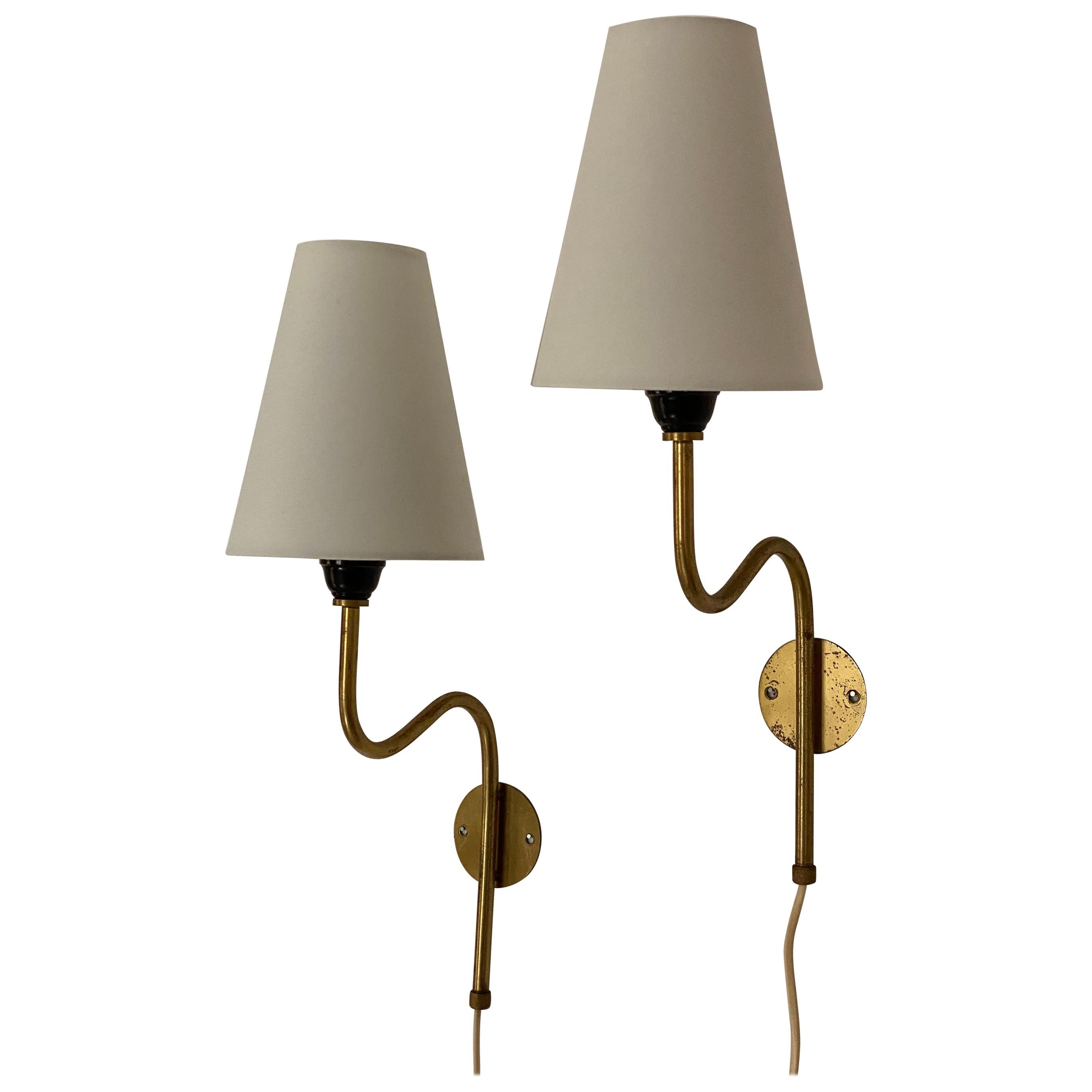 Swedish Designer, Organic Wall Lamps, Brass, Fabric, Sweden, 1940s