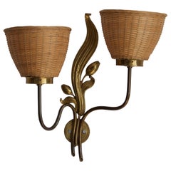 Swedish Designer, Organic Wall Light, Brass, Rattan, Sweden, 1940s