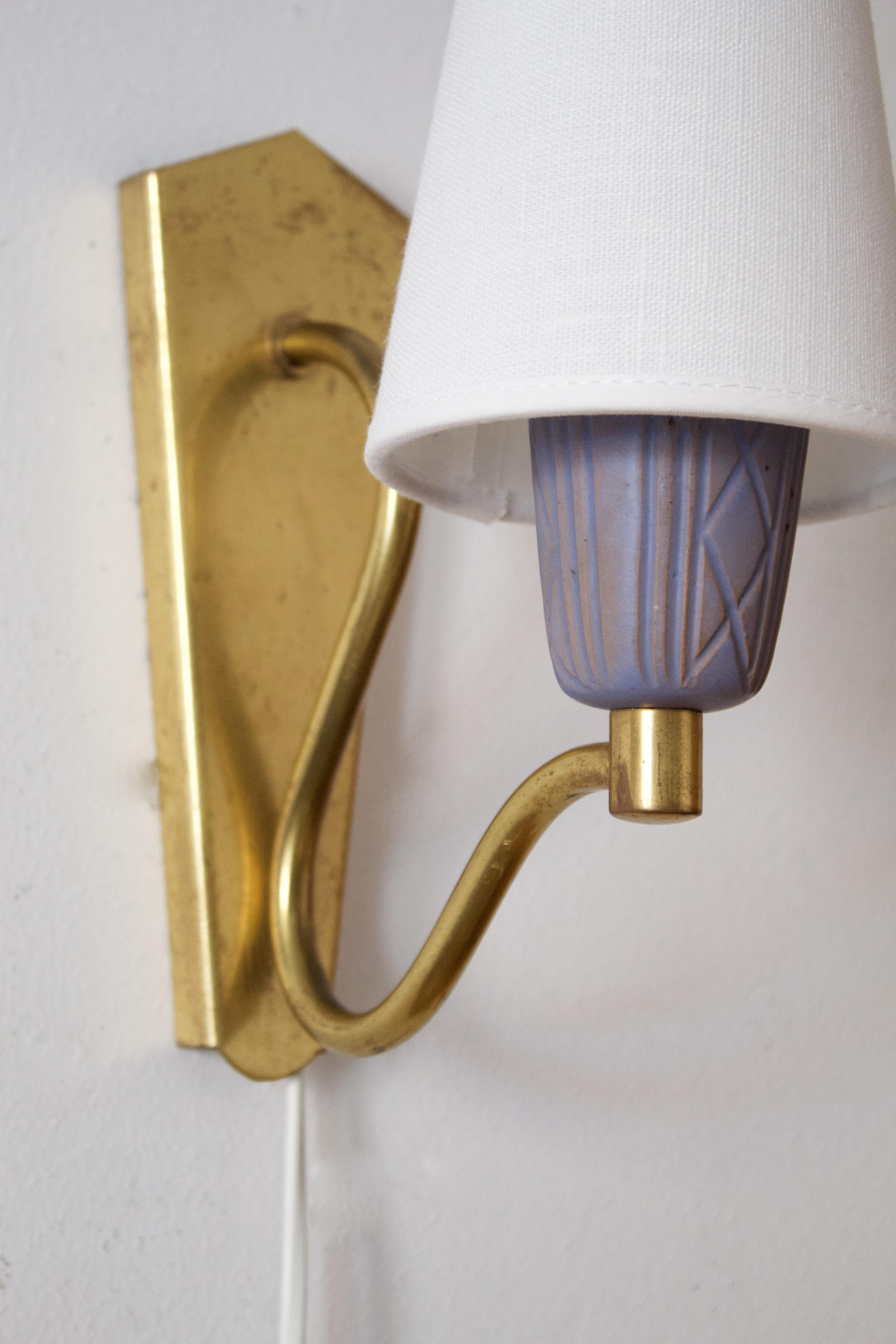Mid-20th Century Swedish Designer, Organic Wall Lights, Brass Glazed Ceramic, Linen, Sweden 1950s