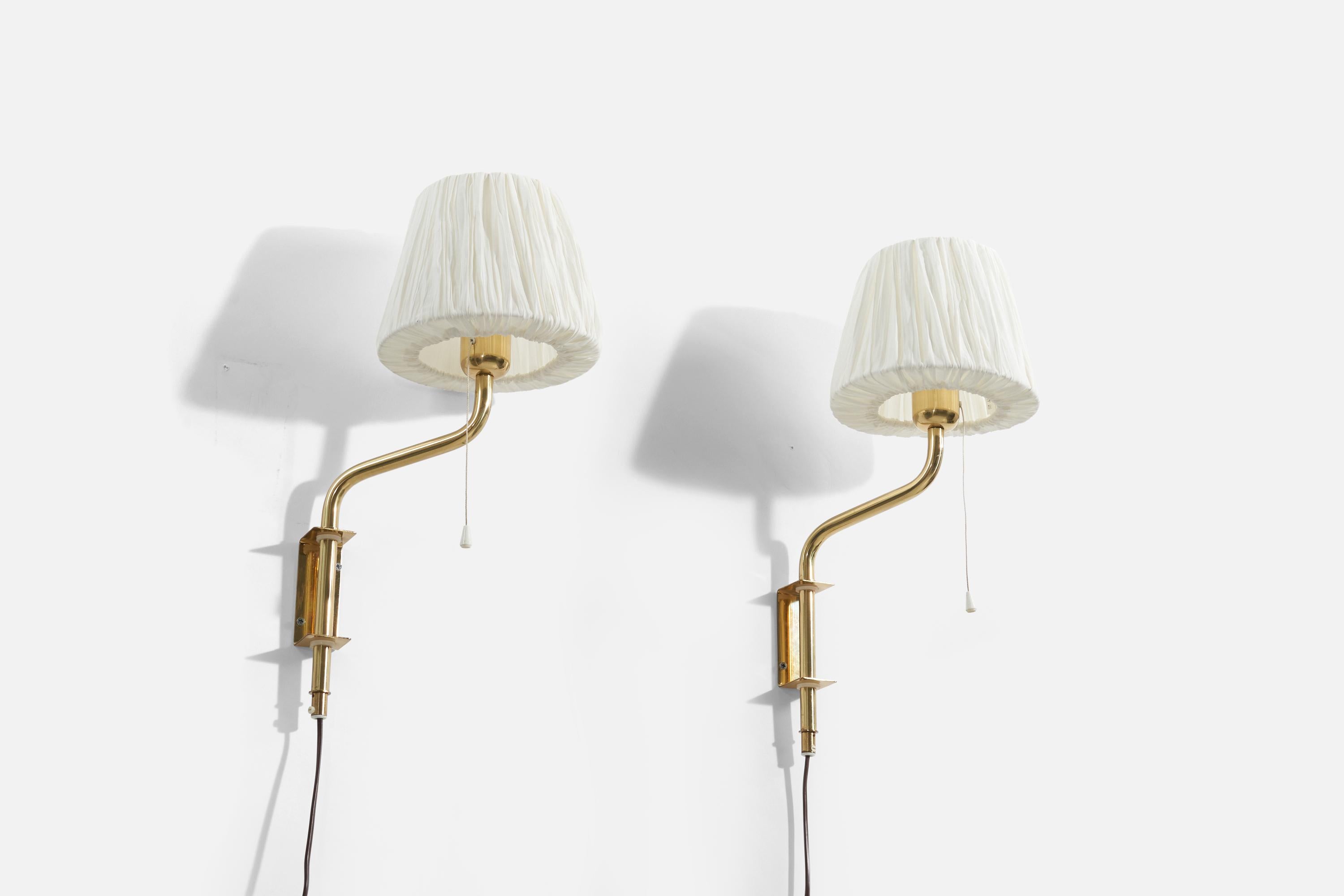 Mid-Century Modern Swedish Designer, Pair of Adjustable Wall Lights, Brass, Fabric, Sweden, 1960s