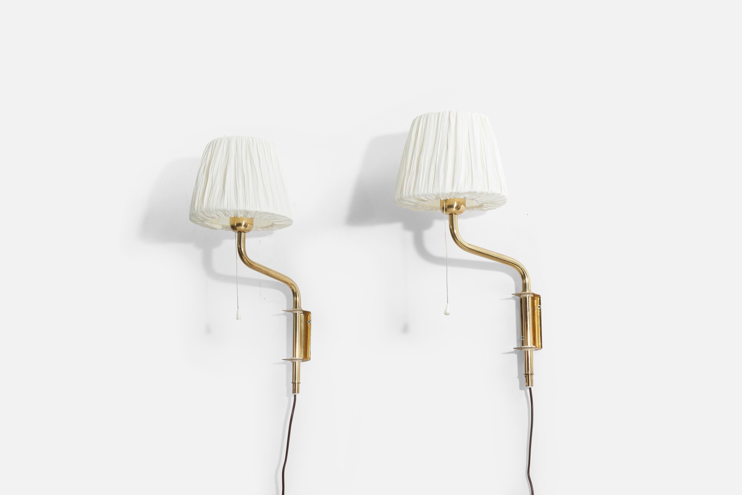 Mid-20th Century Swedish Designer, Pair of Adjustable Wall Lights, Brass, Fabric, Sweden, 1960s For Sale