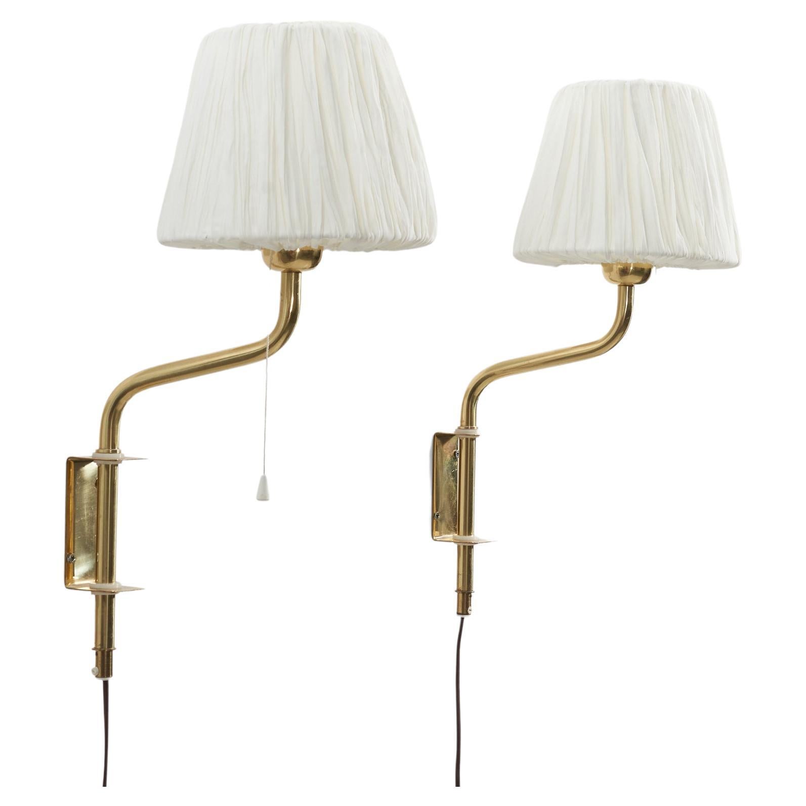 Swedish Designer, Pair of Adjustable Wall Lights, Brass, Fabric, Sweden, 1960s For Sale