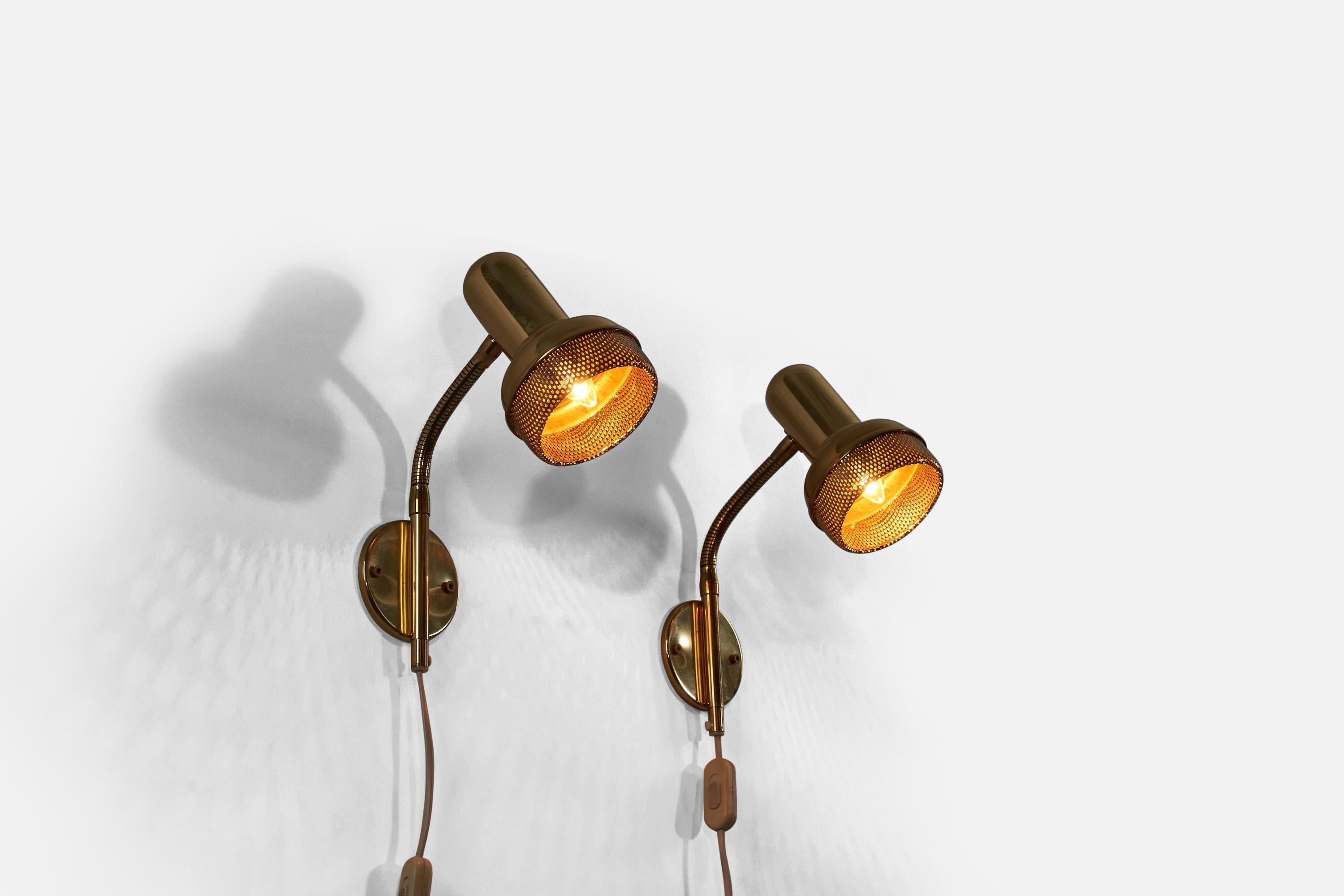 Mid-20th Century Swedish Designer, Pair of Adjustable Wall Lights, Brass, Sweden, 1960s For Sale
