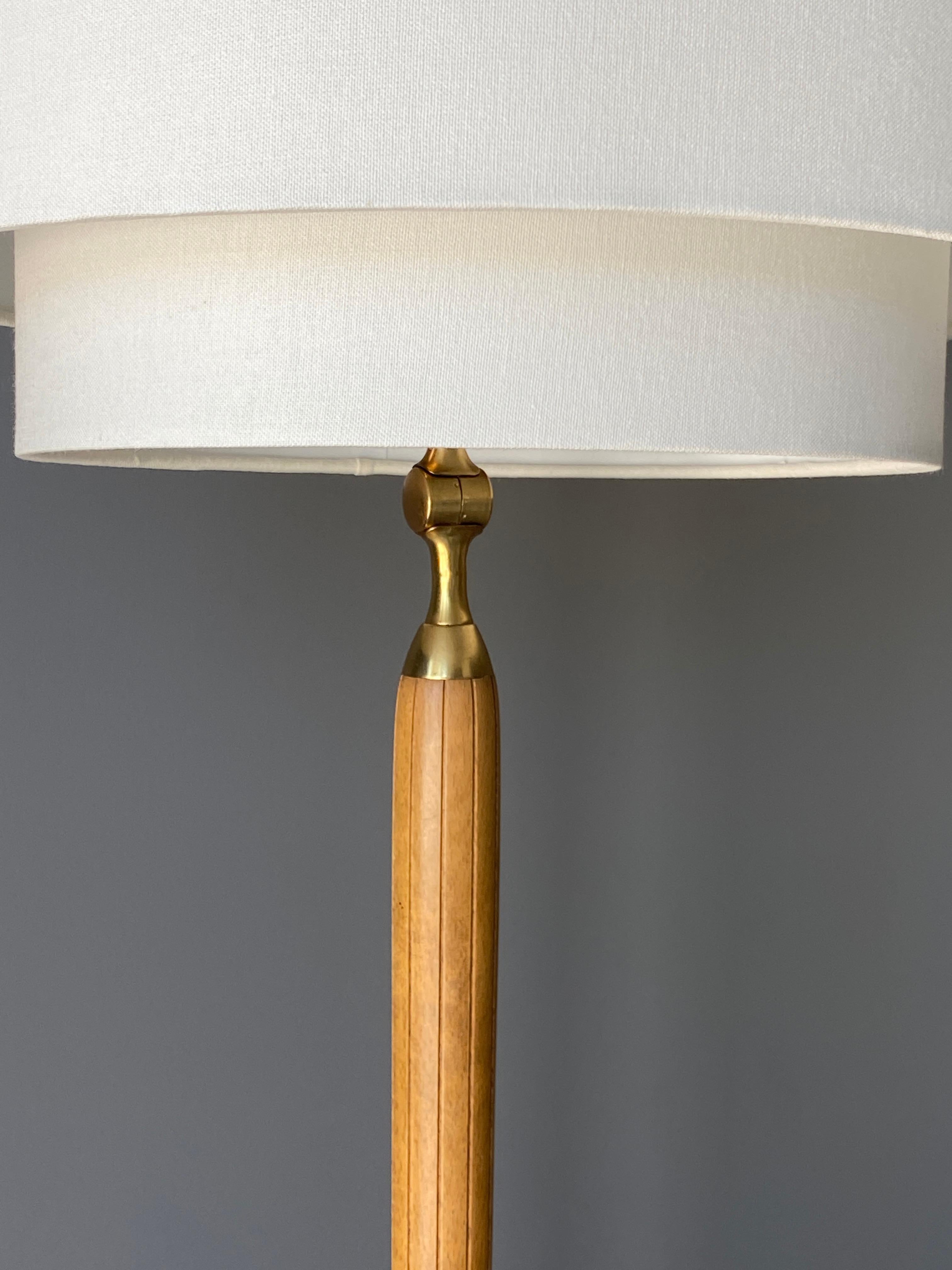 Swedish Designer, Pair of Floor Lamps, Brass, Wood, Linen, 1940s In Good Condition In High Point, NC