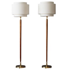 Swedish Designer, Pair of Floor Lamps, Brass, Wood, Linen, 1940s
