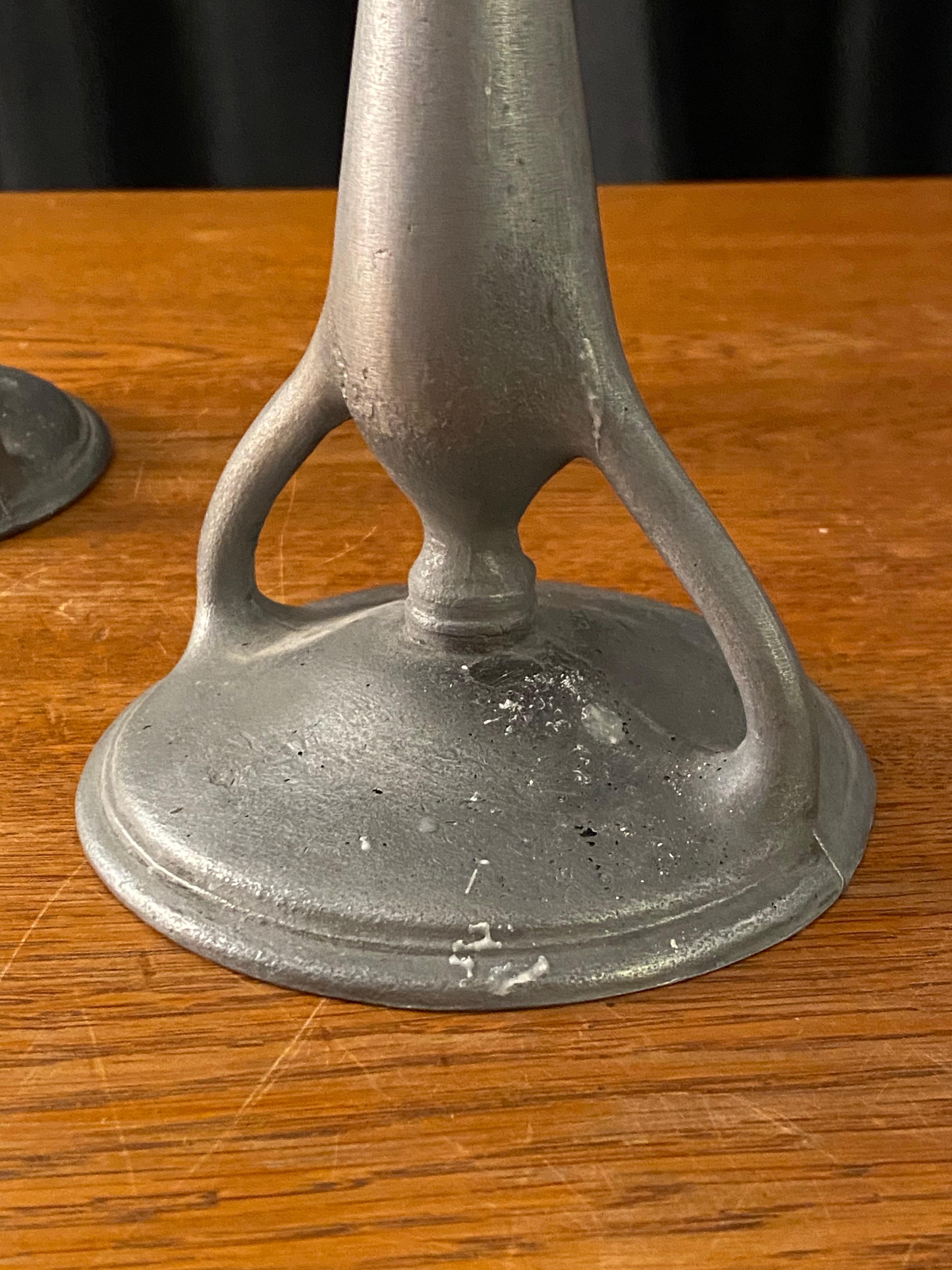 Art Nouveau Swedish Designer, Pair of Organic Candlesticks, Pewter, Sweden, 1930s