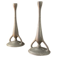 Swedish Designer, Pair of Organic Candlesticks, Pewter, Sweden, 1930s