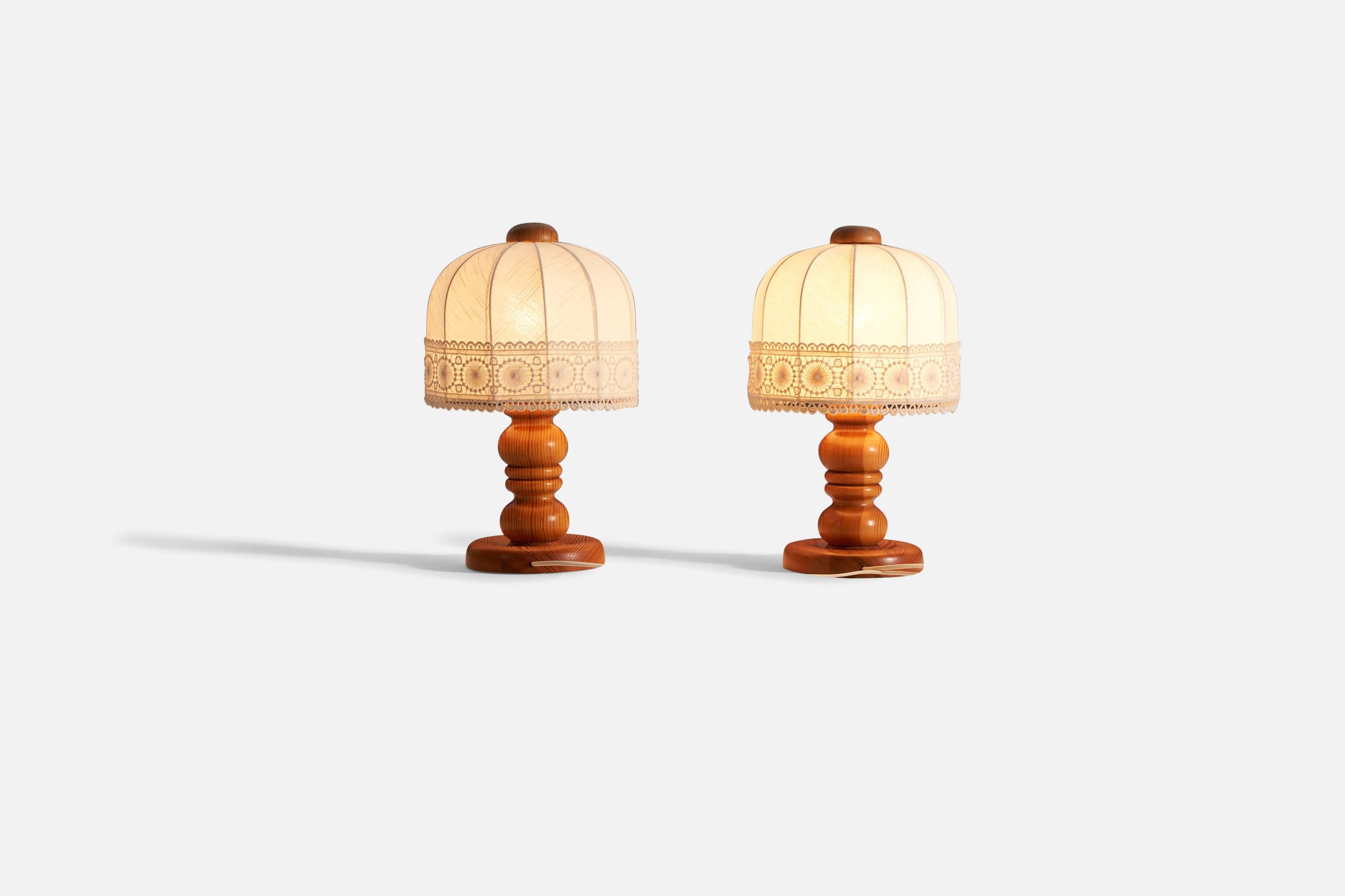 Late 20th Century Swedish Designer, Pair of Table Lamps, Pine, White Fabric, Sweden, 1970s