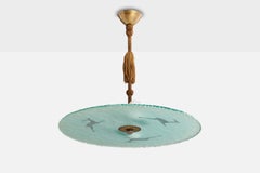 Swedish Designer, Pendant Light, Brass, Glass, Fabric, Sweden, 1930s
