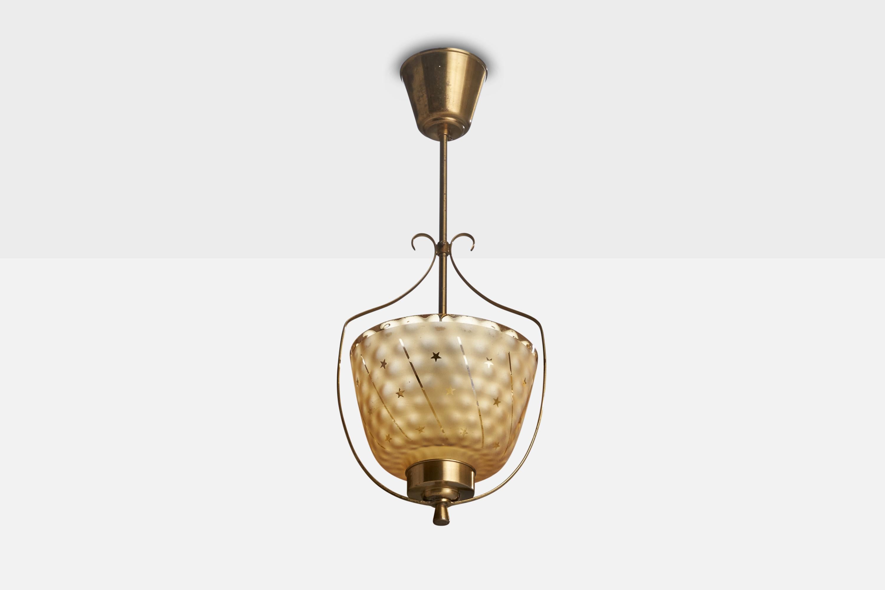 A brass and yellow etched glass pendant designed and produced in Sweden, c. 1940s.

Dimensions of canopy (inches): 3.46” H x 3.92” Diameter
Socket takes standard E-26 bulbs. 1 socket.There is no maximum wattage stated on the fixture. All lighting