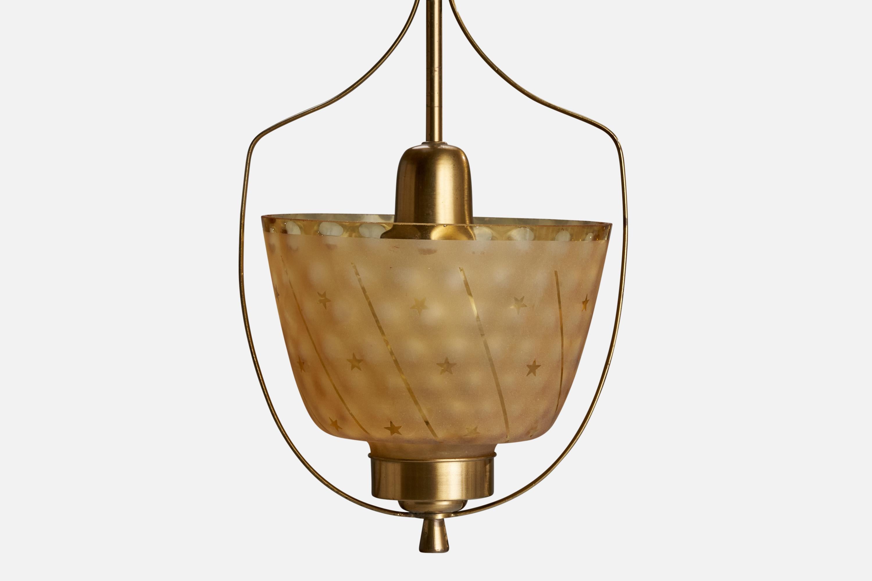 Mid-20th Century Swedish Designer, Pendant, Brass, Glass, Sweden, 1940s For Sale