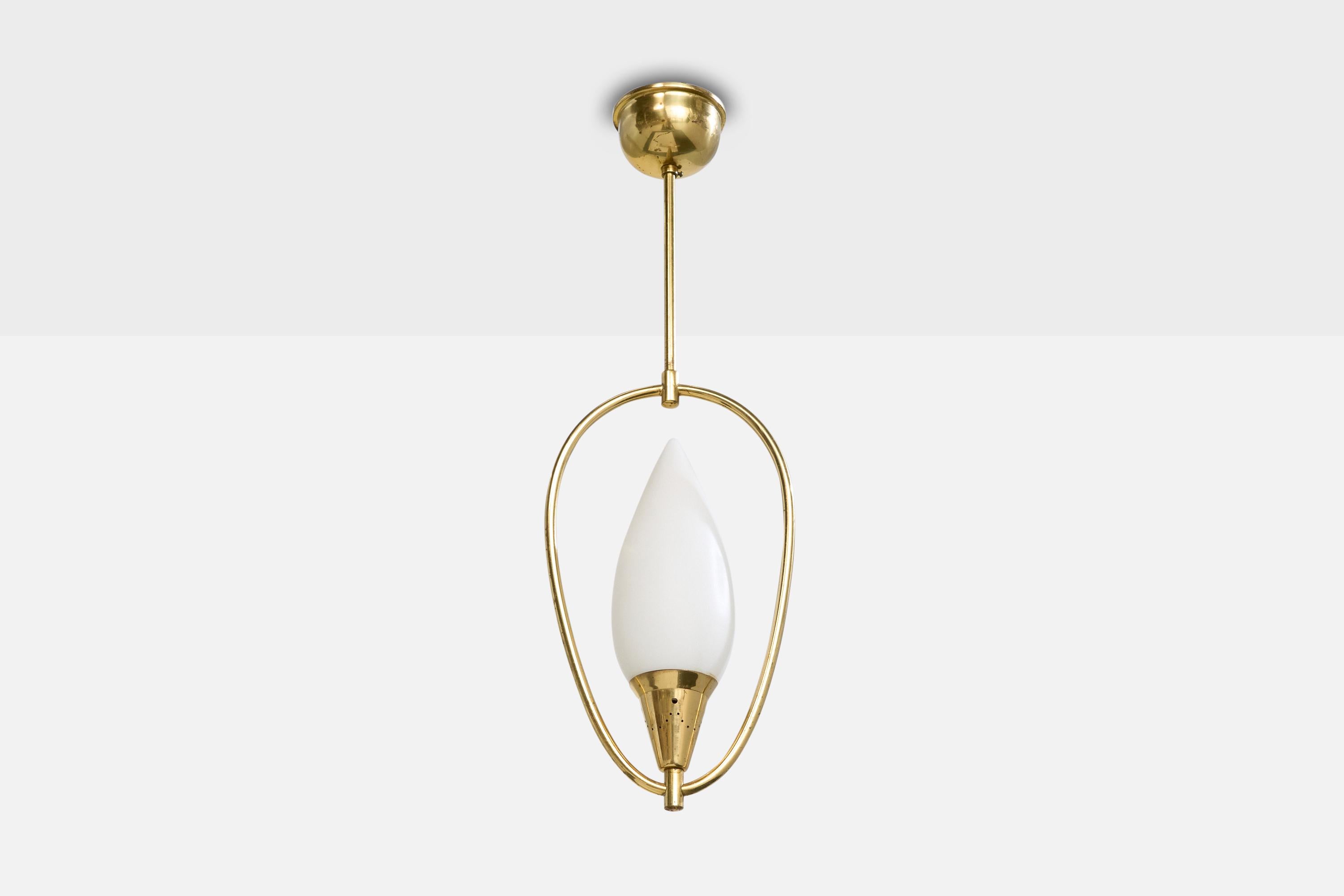 A brass and glass pendant light designed and produced in Sweden, c. 1950s.

Overall Dimensions (inches): 24” H x 7.75” W x 3.6” D

Dimensions of Canopy: 2.3“ H x 3.8” Diameter 

Stem length: 7.5” H

Bulb Specifications: E-14 Bulbs

Number of