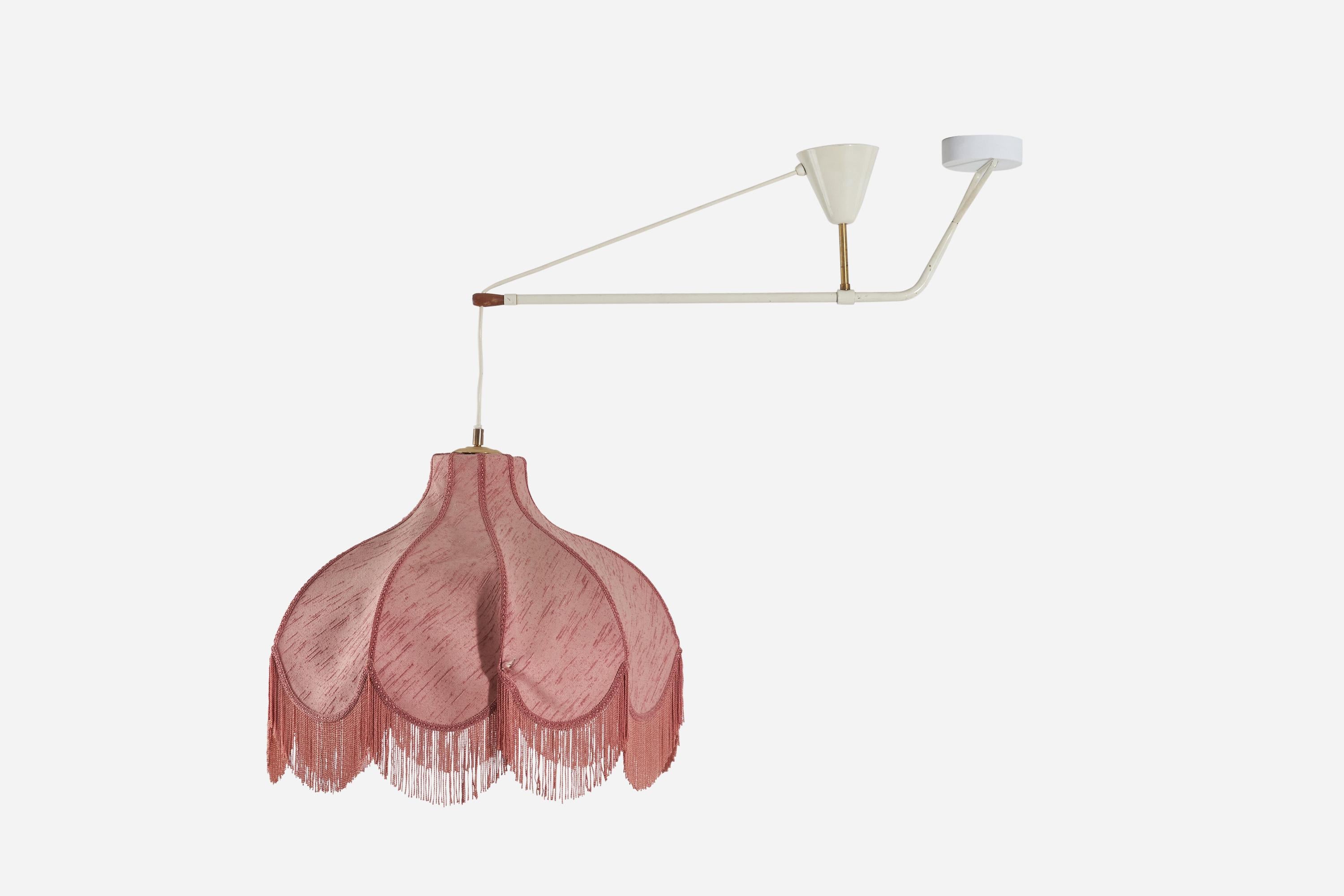 A brass, metal and pink fabric pendant designed and produced in Sweden, 1940s. 

Variable dimensions, measured as illustrated in the first image. Note white wooden used to illustrated is not part of fixture.

Dimensions of Canopy (inches) : 3.62