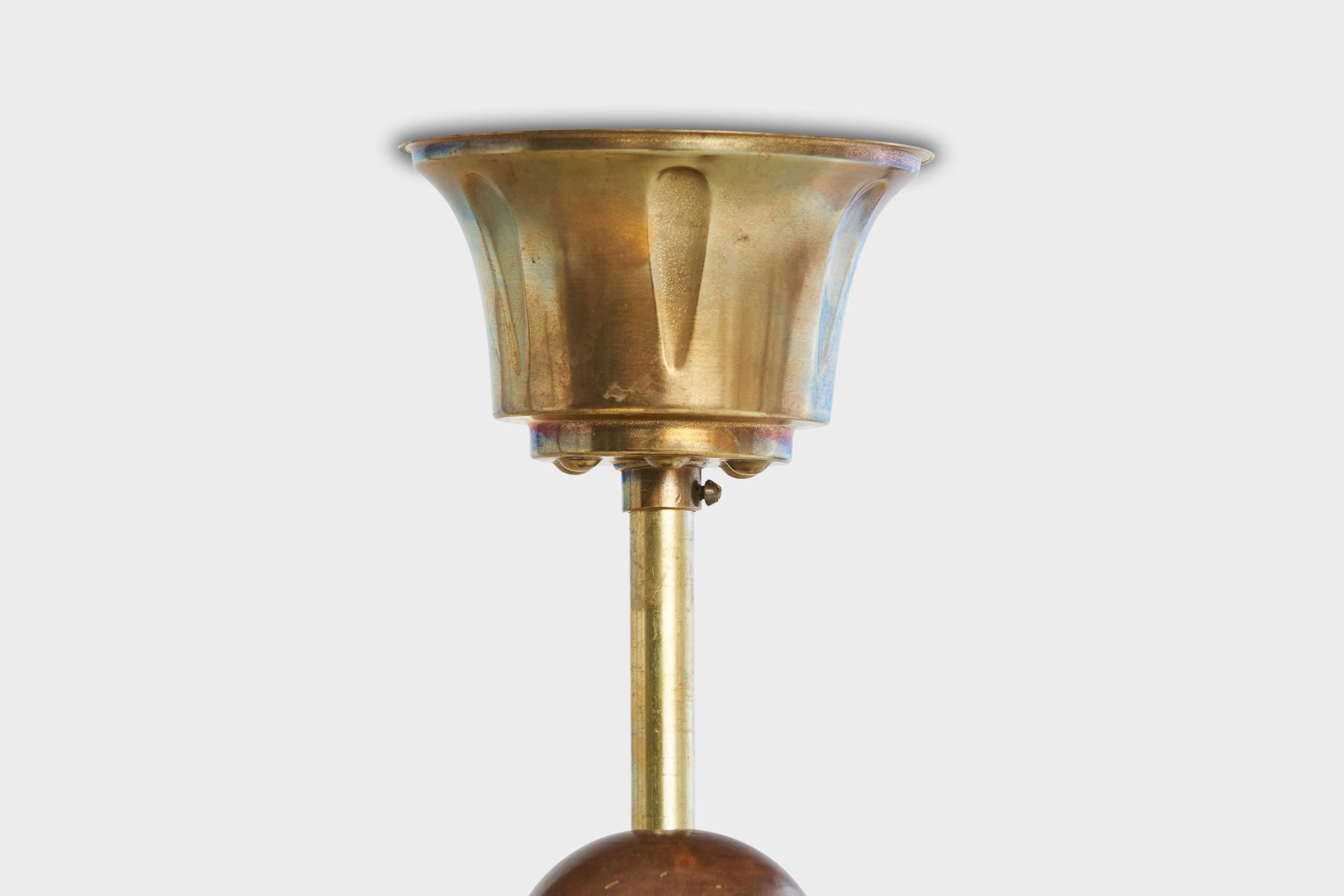 Scandinavian Modern Swedish Designer, Pendant, Brass, Wood, Glass, Sweden, 1930s For Sale