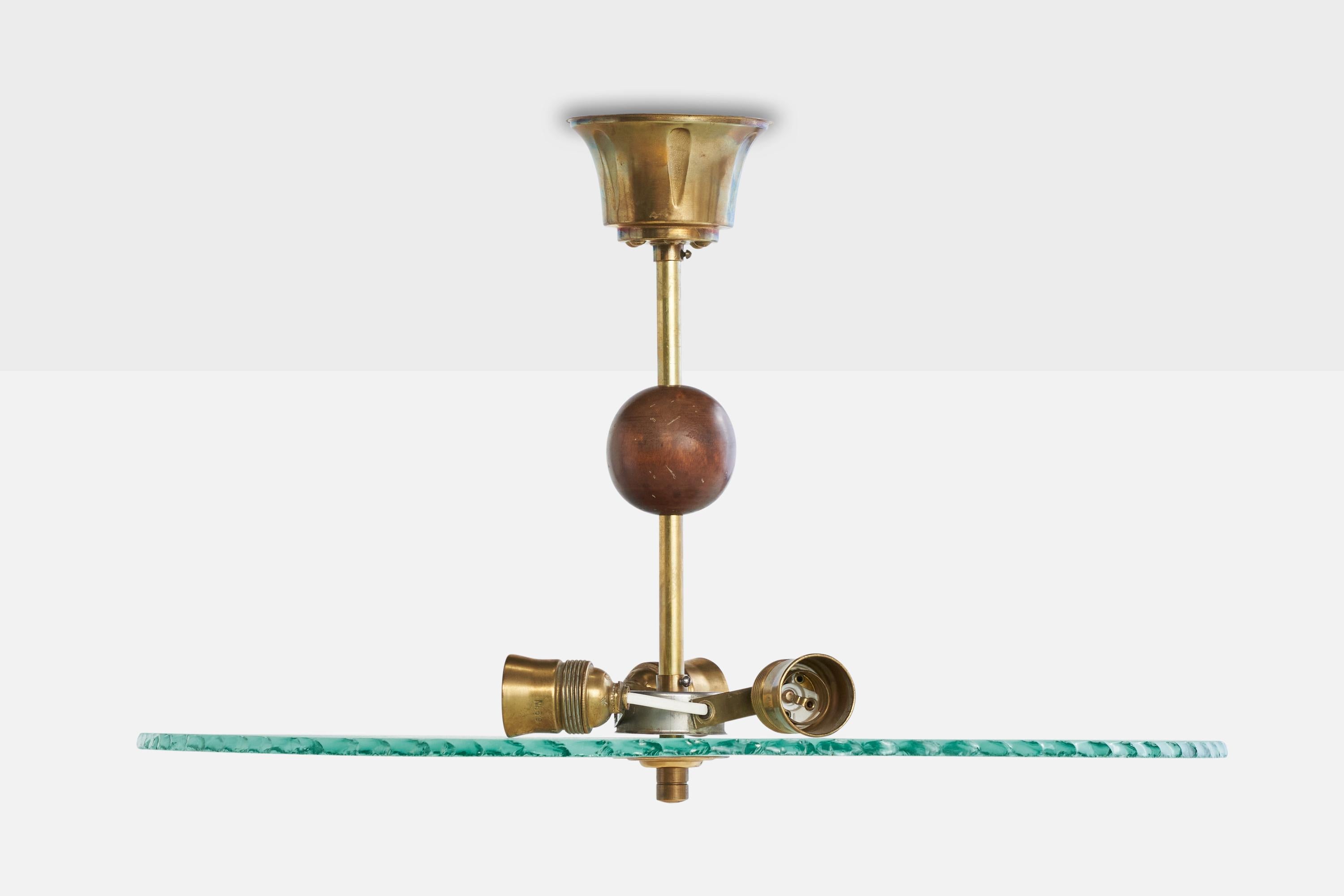 Swedish Designer, Pendant, Brass, Wood, Glass, Sweden, 1930s In Good Condition For Sale In High Point, NC