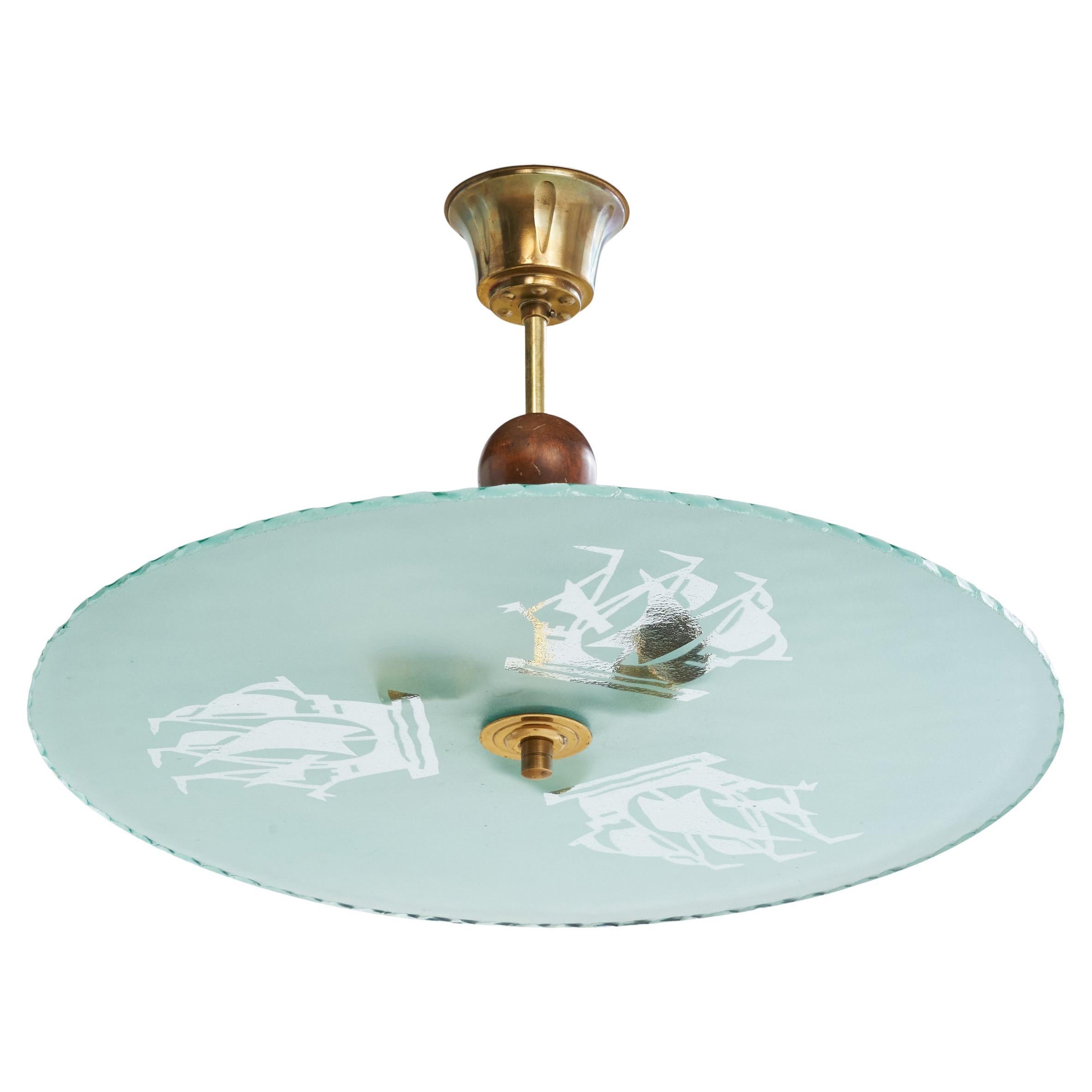 Swedish Designer, Pendant, Brass, Wood, Glass, Sweden, 1930s For Sale