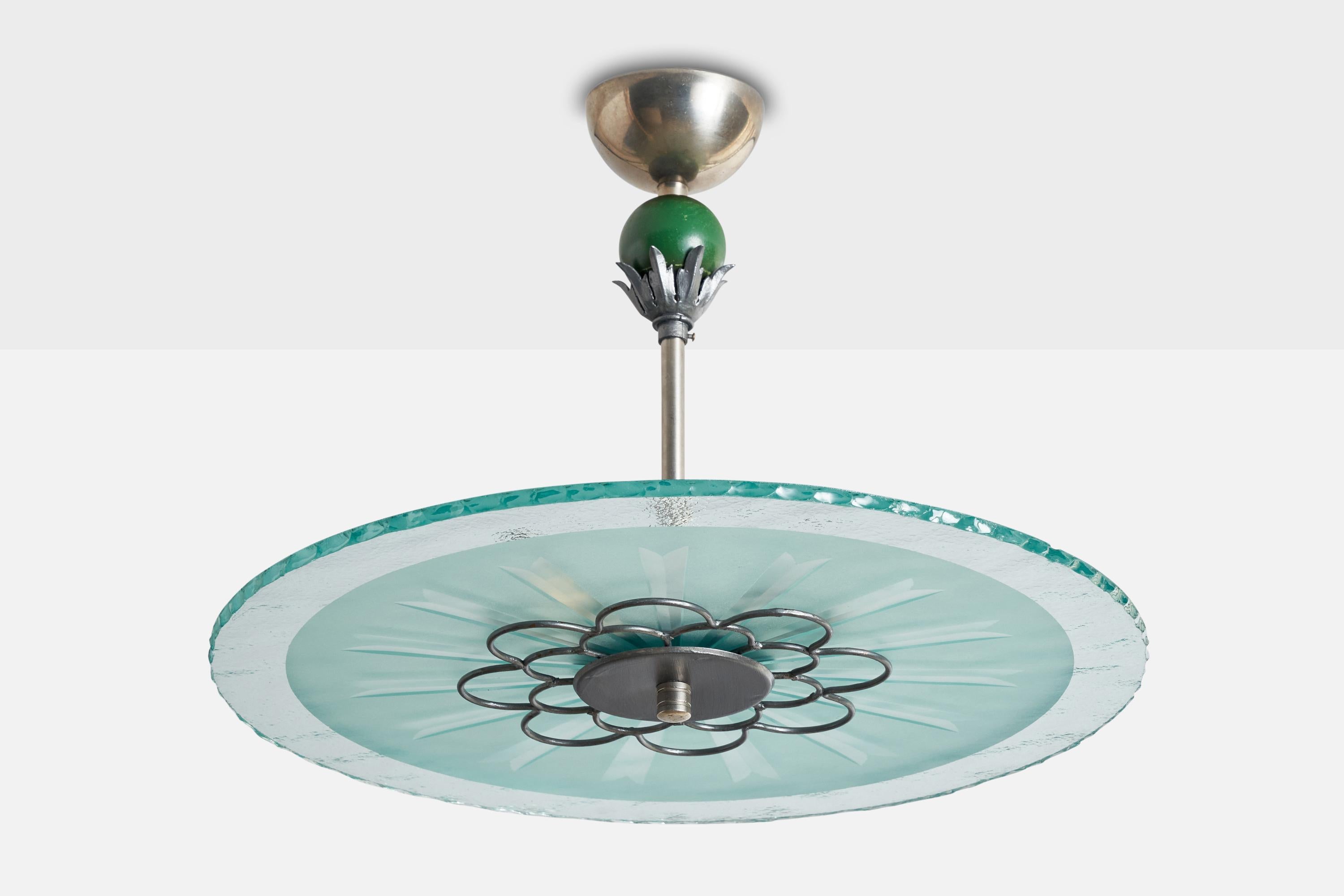A glass, metal, pewter and green-lacquered wood pendant light designed and produced in Sweden, 1930s.

Dimensions of canopy (inches): 2”  H x 3.75” Diameter
Socket takes standard E-26 bulbs. 3 sockets.There is no maximum wattage stated on the