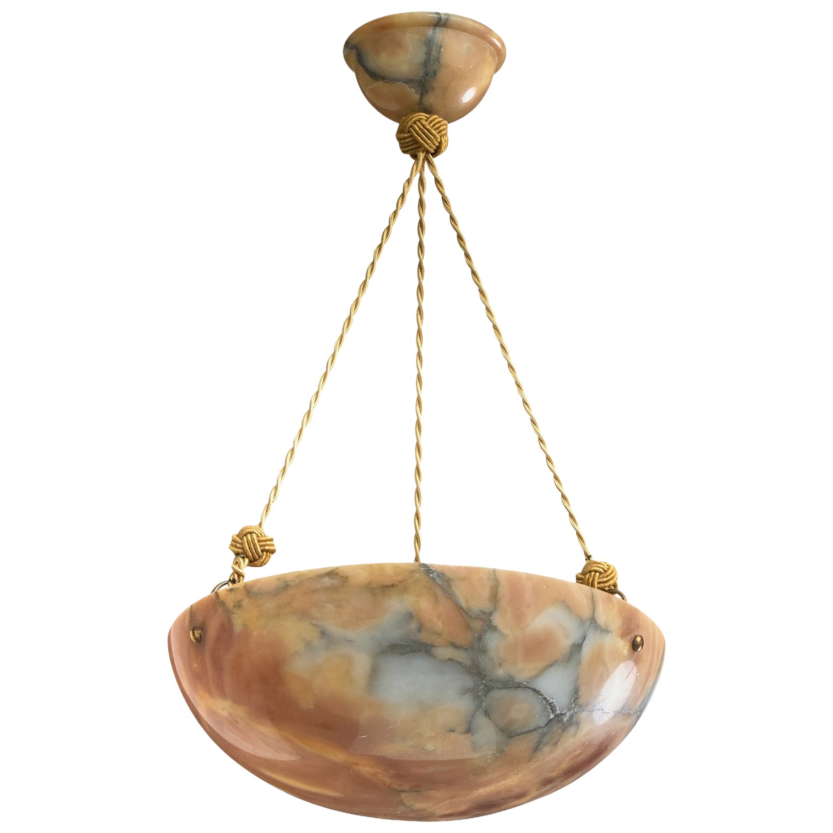 Swedish Designer, Pendant Light, Alabaster, Brass, Rope, Sweden, 1930s