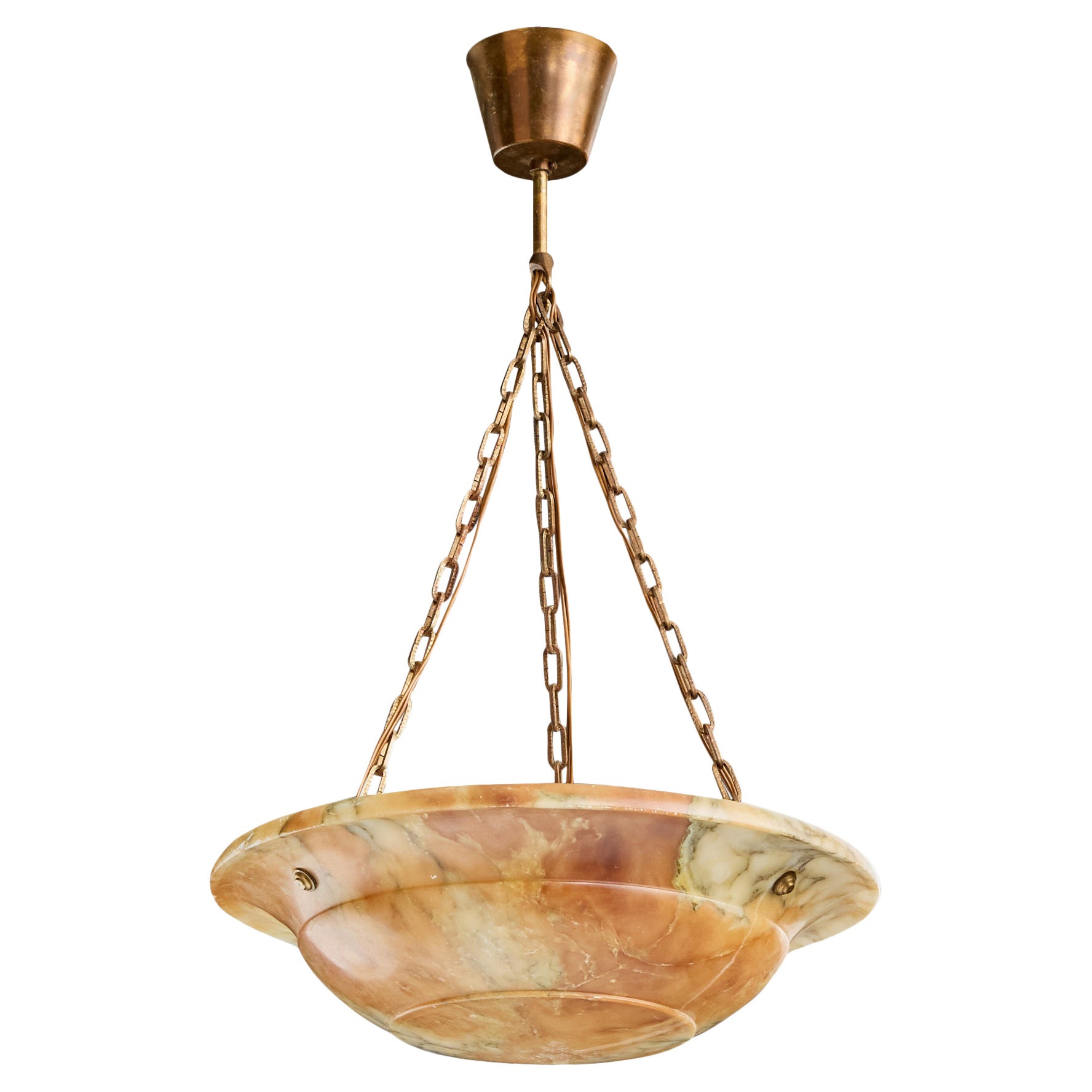 Swedish Designer, Pendant Light, Alabaster, Brass, Sweden, 1940s