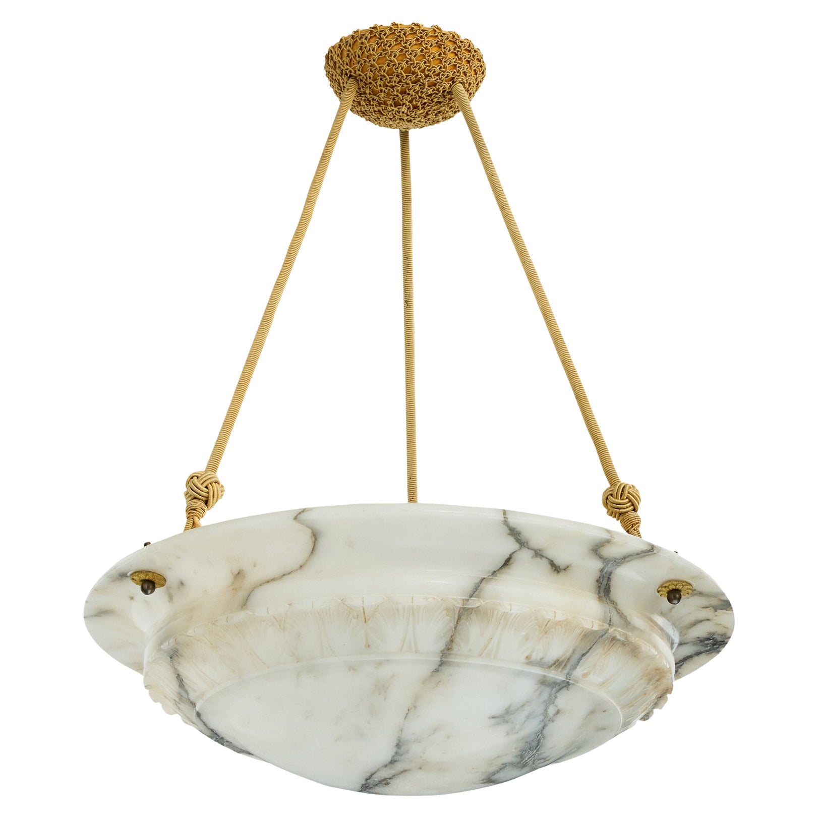Swedish Designer, Pendant Light, Alabaster, Rope, Brass, Sweden, 1930s