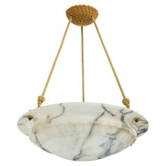 Swedish Designer, Pendant Light, Alabaster, Rope, Brass, Sweden, 1930s