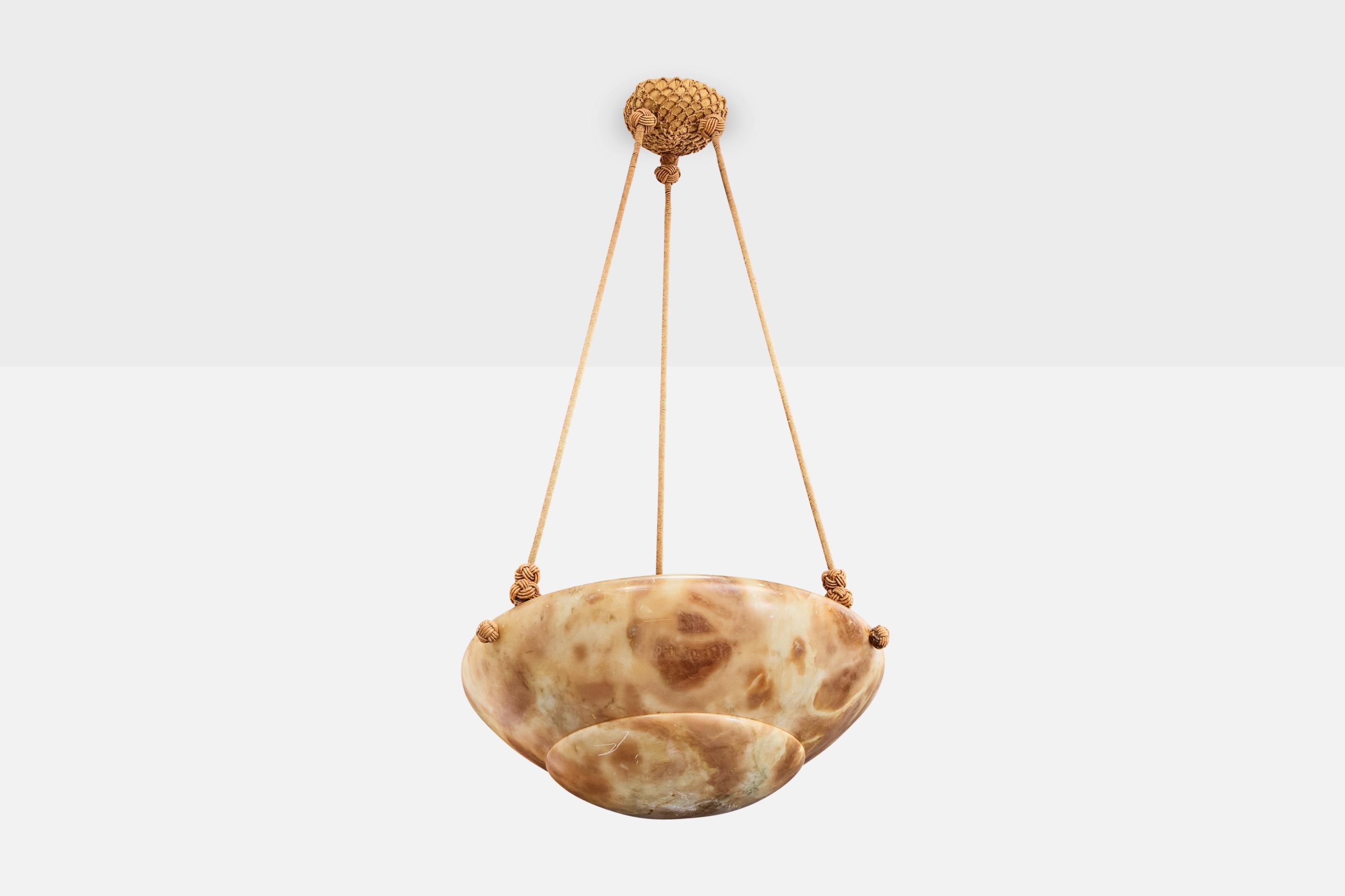 A brown alabaster and brown rope pendant light likely designed and produced in Sweden, c. 1930s.

Overall Dimensions (inches): 37.0