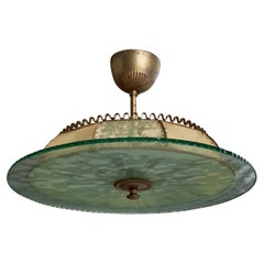 Swedish Designer, Pendant Light, Brass, Fabric, Glass, Sweden, 1930s
