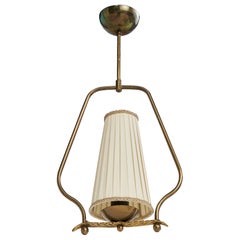 Swedish Designer, Pendant Light, Brass, Fabric, Sweden, 1930s