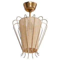 Swedish Designer, Pendant Light, Brass, Fabric, Sweden, 1940s