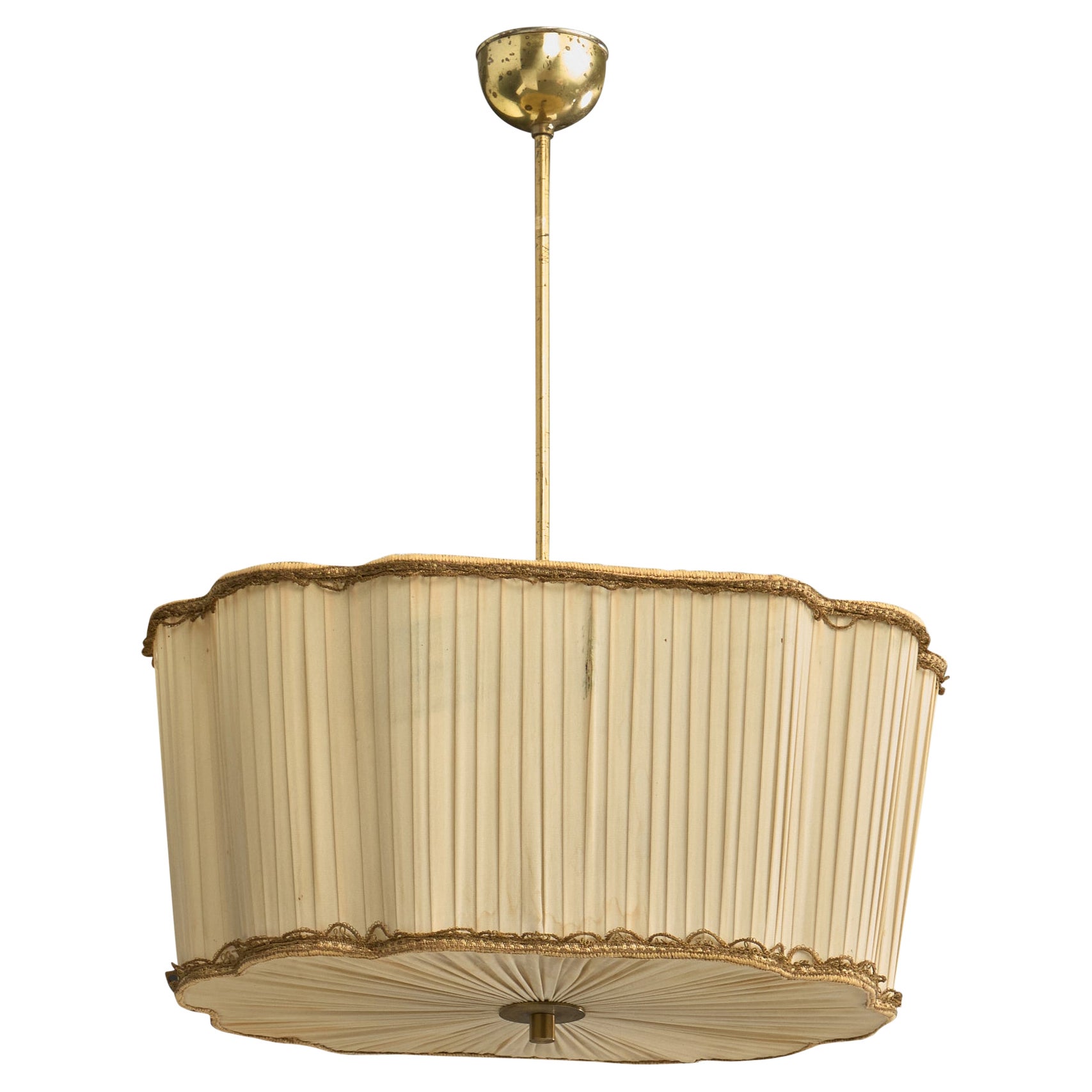 Swedish Designer, Pendant Light, Brass, Fabric, Sweden, 1940s For Sale