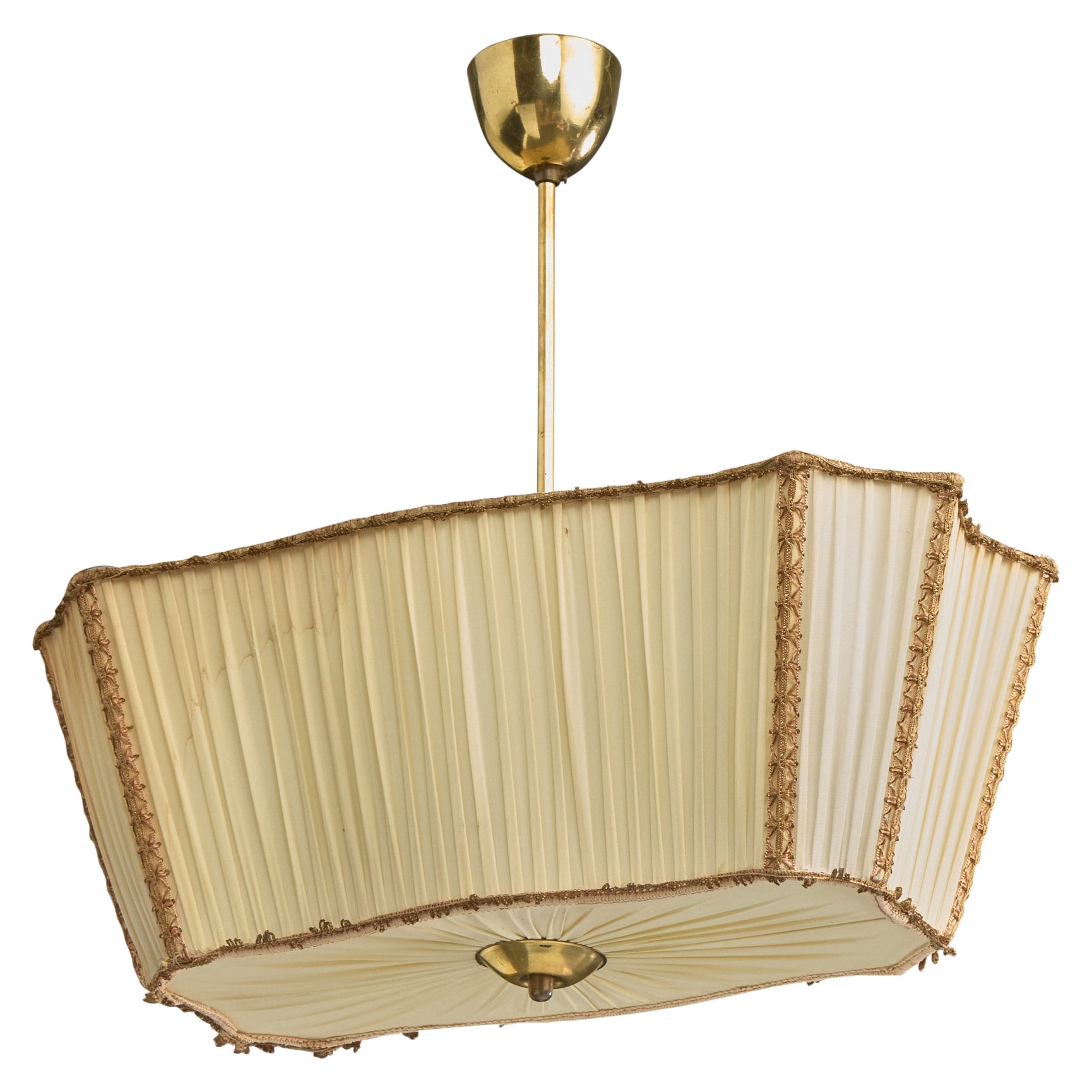 Swedish Designer, Pendant Light, Brass, Fabric, Sweden, 1940s