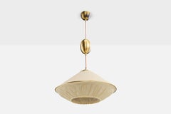 Swedish Designer, Pendant Light, Brass, Fabric, Sweden, 1950s